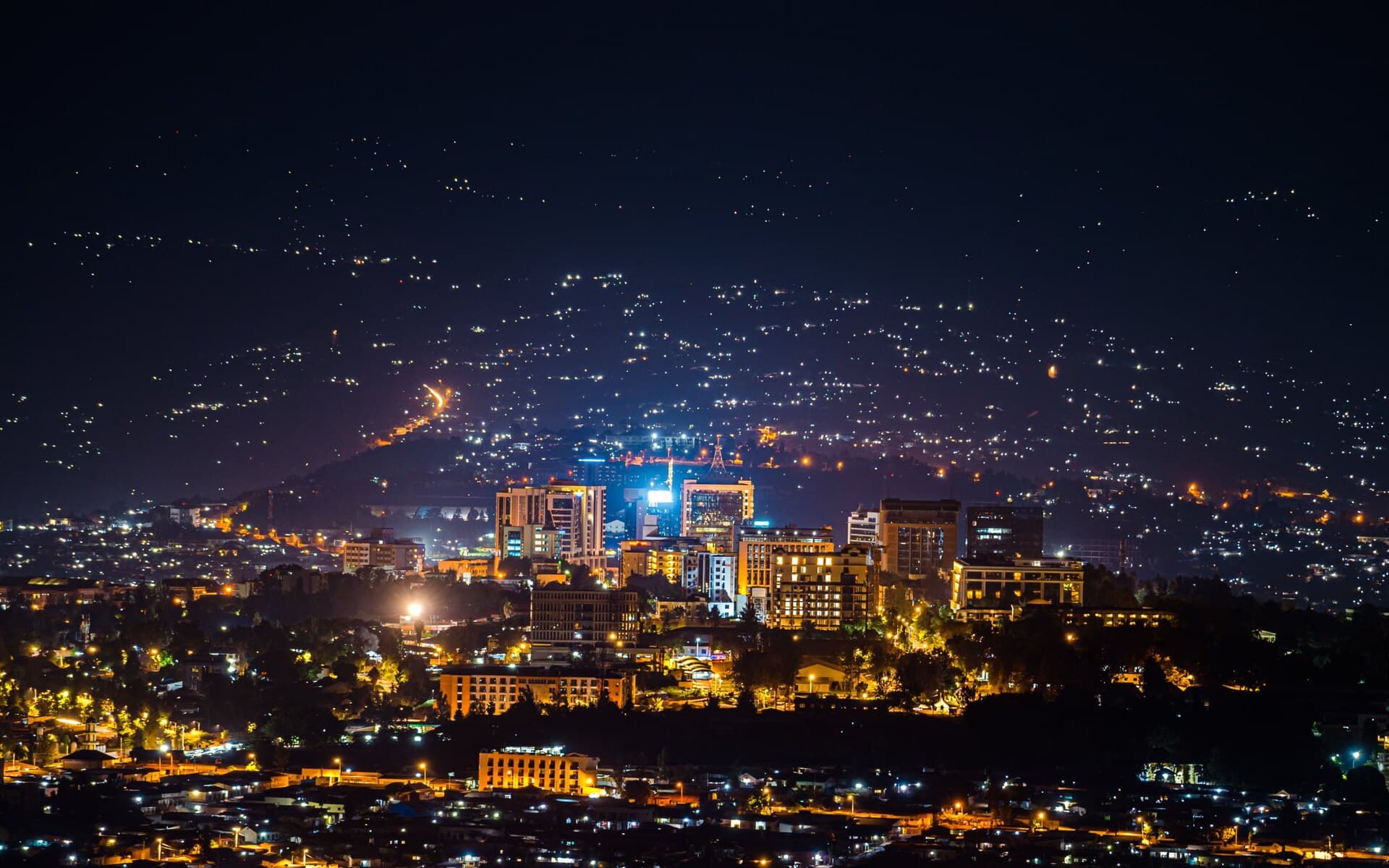 Kigali city and Convention Centre at night, Rwanda