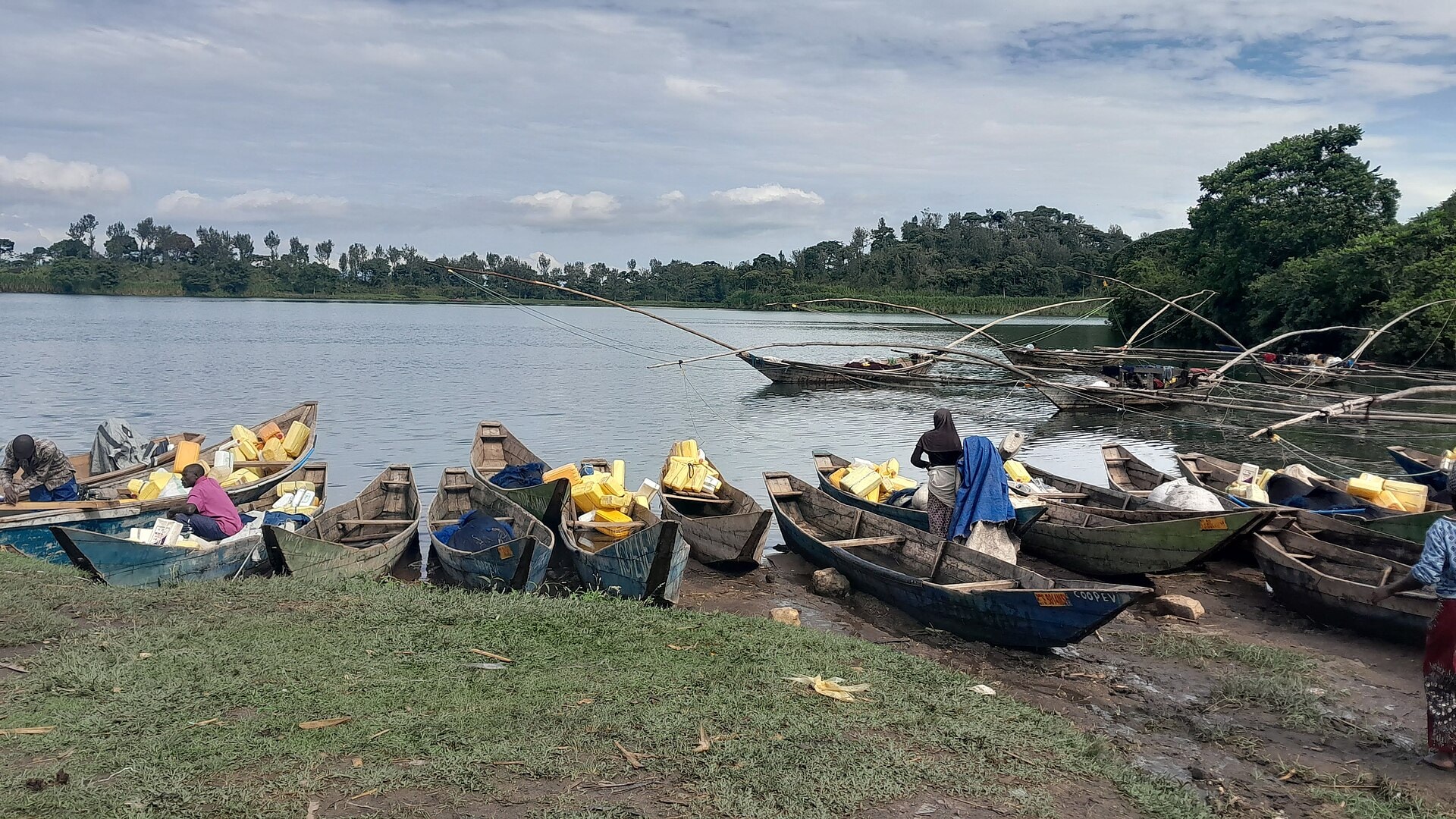 Traditional fishermen at dawn on Lake Kivu, Rwanda