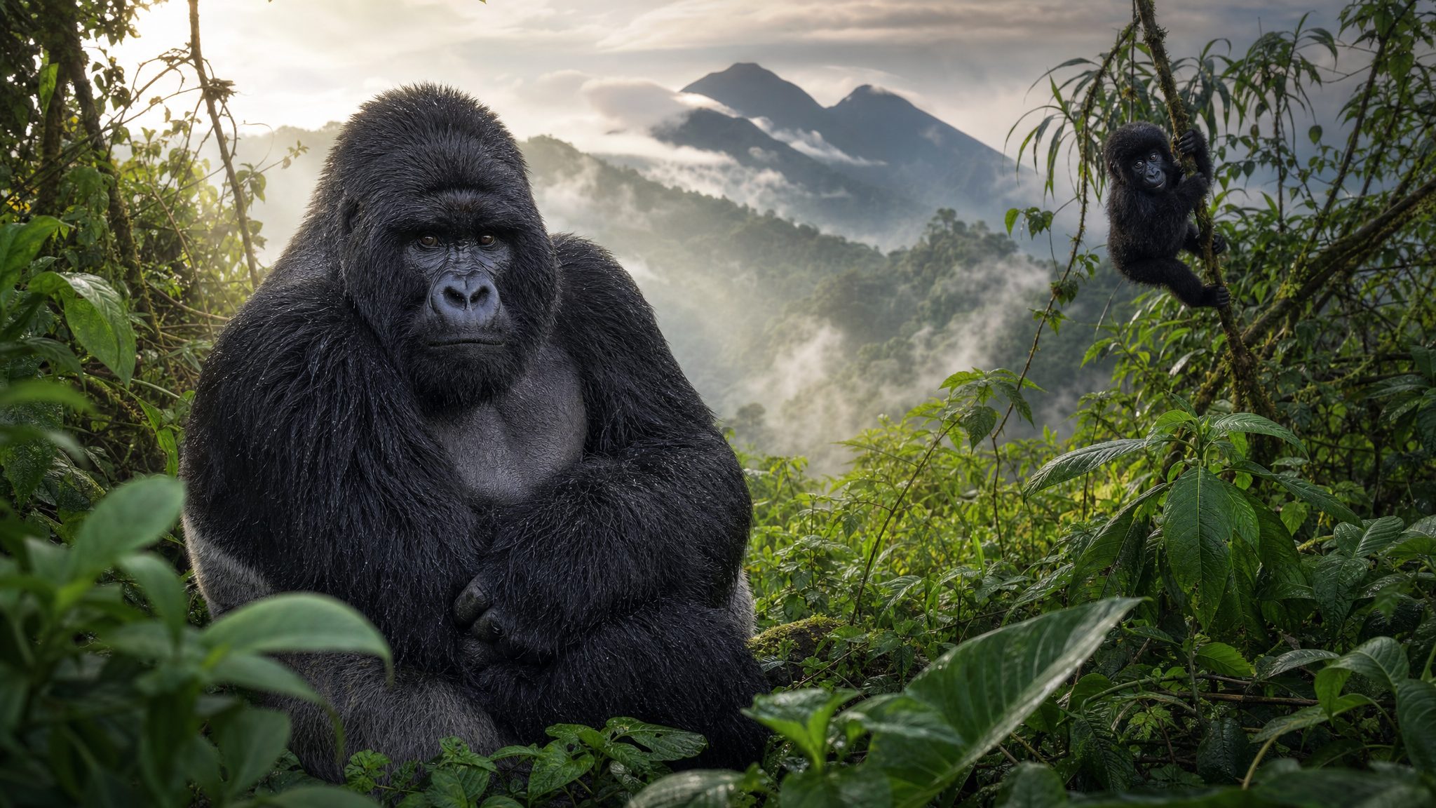 Volcanoes National Park, Rwanda — mountain gorilla in the misty forest