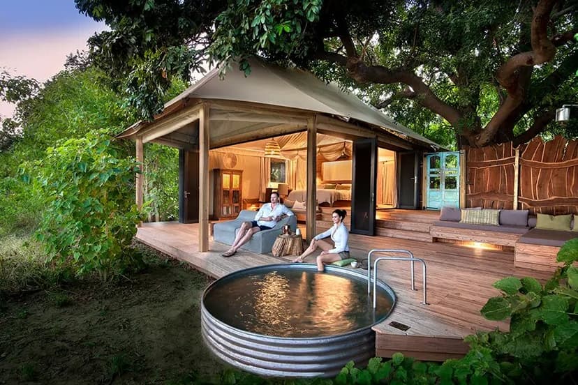 Private plunge pool and river deck at Nyamatusi Camp Mana Pools