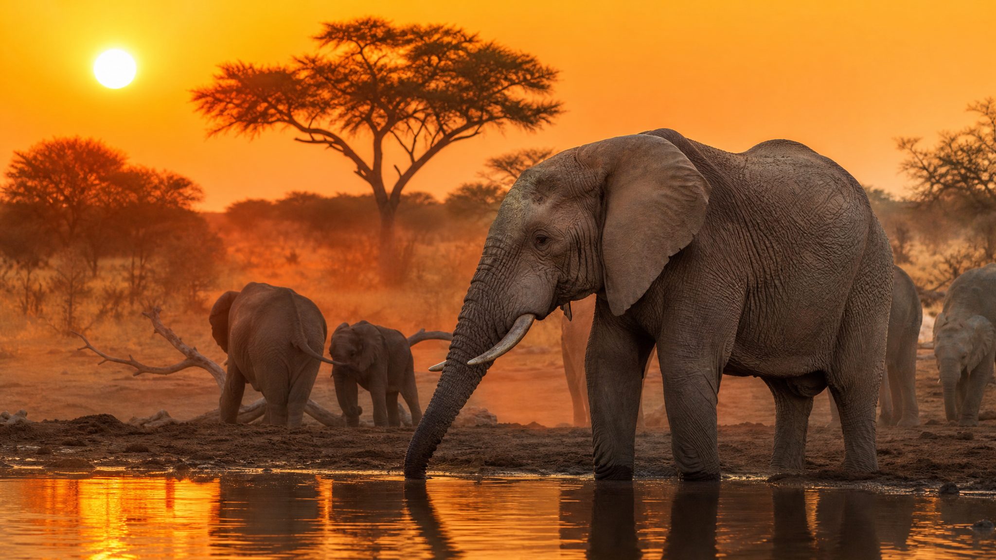 Elephant herd crossing road in Kruger National Park during golden hour