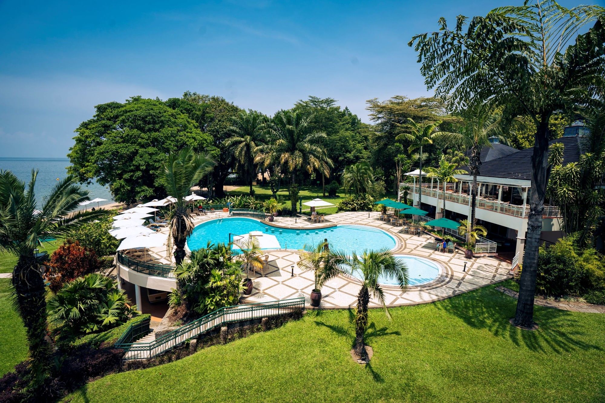 Beach lounge area at Lake Kivu Serena Hotel