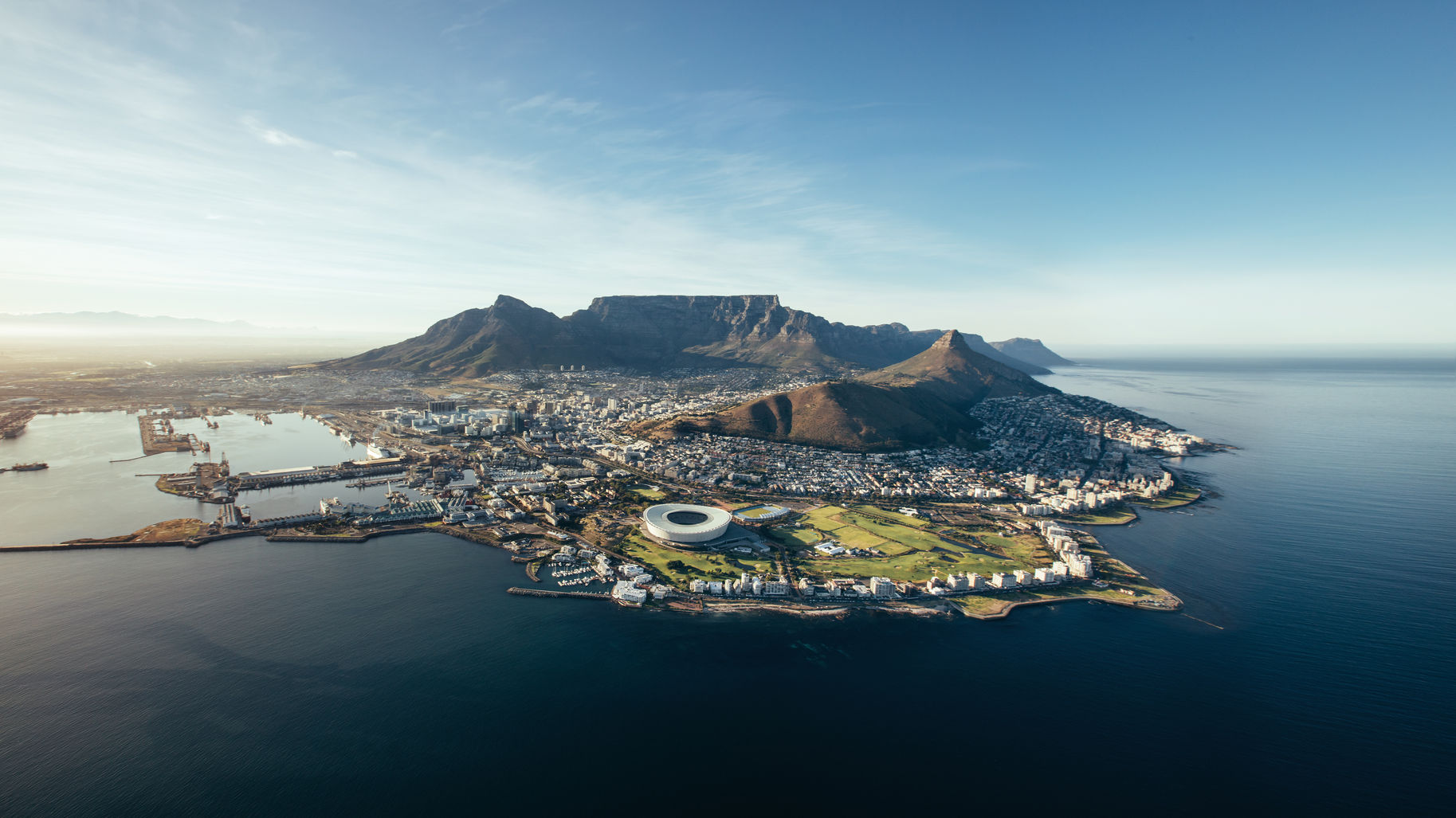 Aerial view of Robben Island with Cape Town and Table Mountain in the background