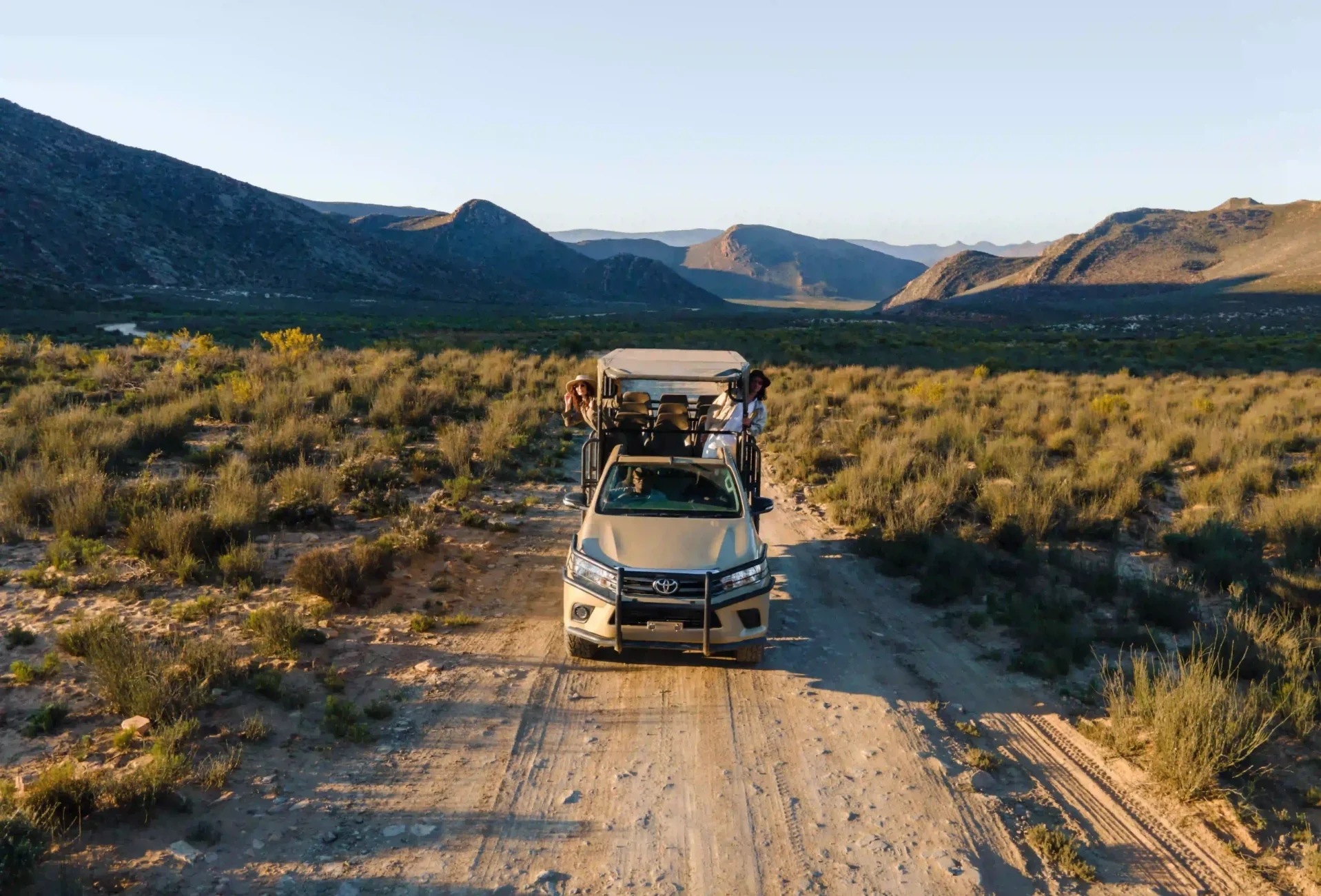 Safari vehicle on game drive at Aquila with elephants in the background — Aquila safari day tour from Cape Town 2026