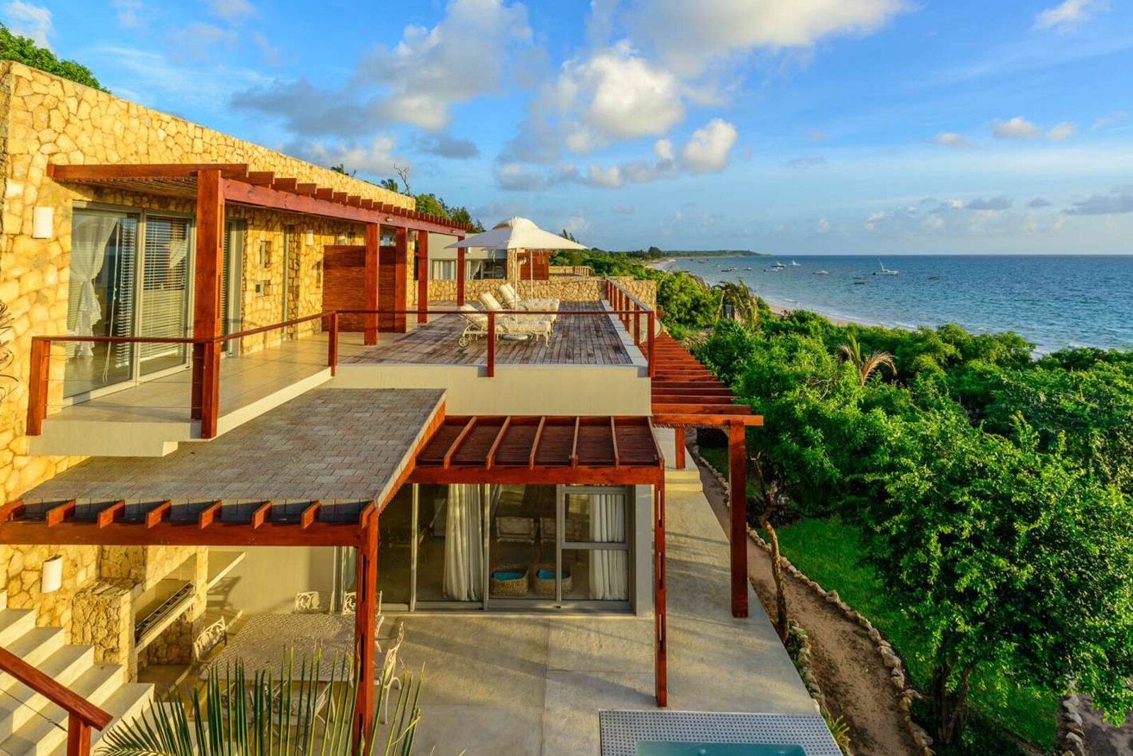 Bahia Mar Club exterior hillside view with Indian Ocean and Bazaruto islands in the distance