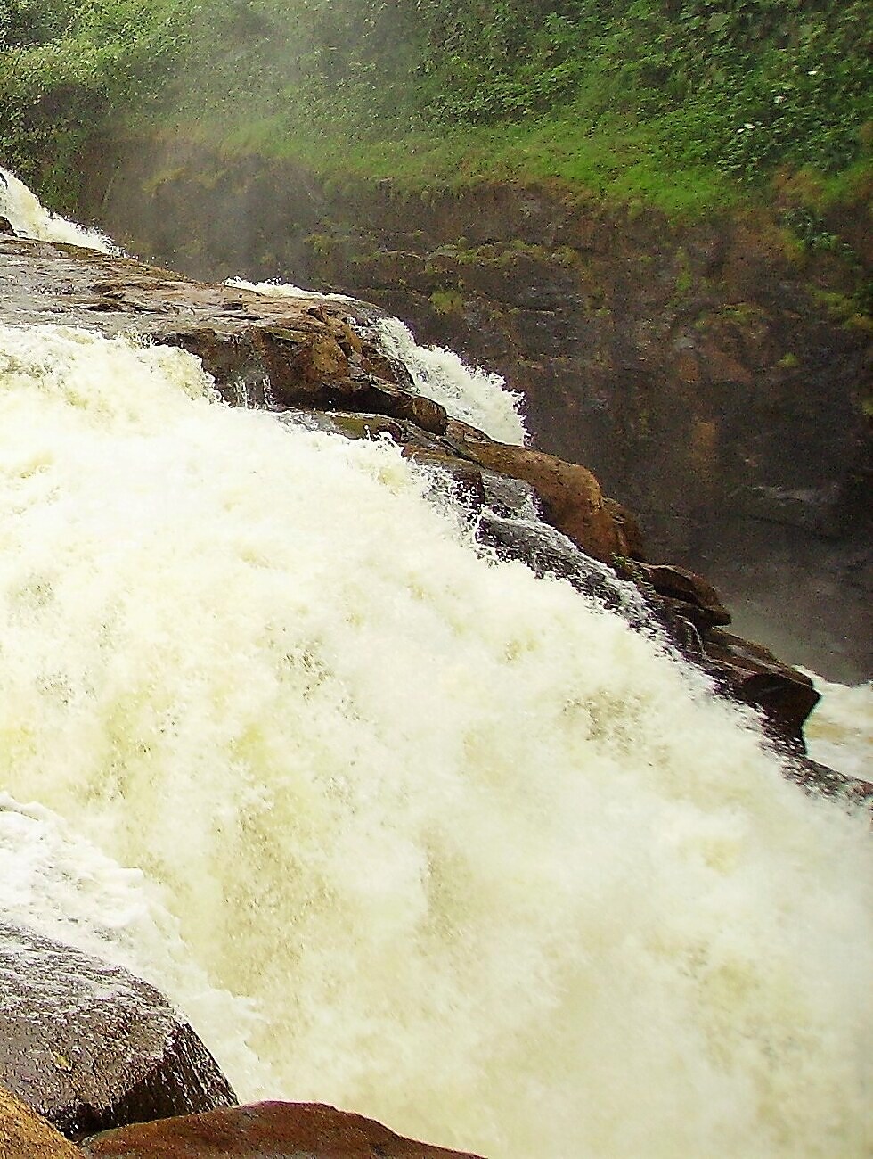 The white-water cascade of Loufoulakari Falls tumbling over the wide basalt ledge, with misty spray rising against the green forest of the Pool Department, Republic of the Congo