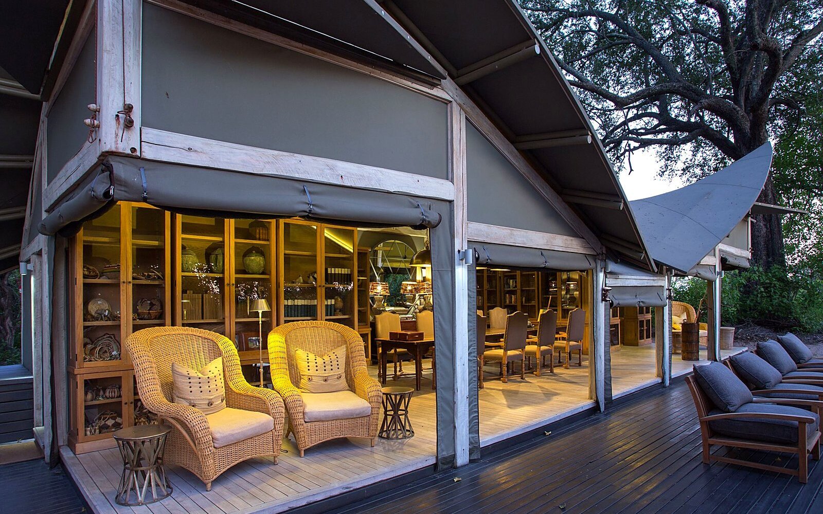 An open suite and deck overlooking the floodplain at Abu Camp in the Okavango Delta