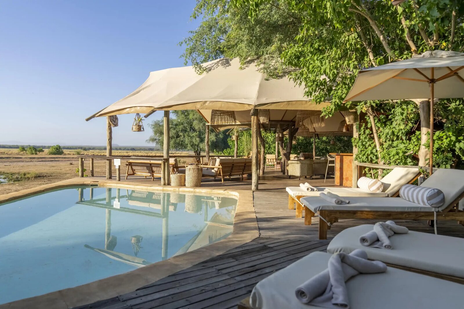 Private deck at a luxury safari lodge before the beach escape