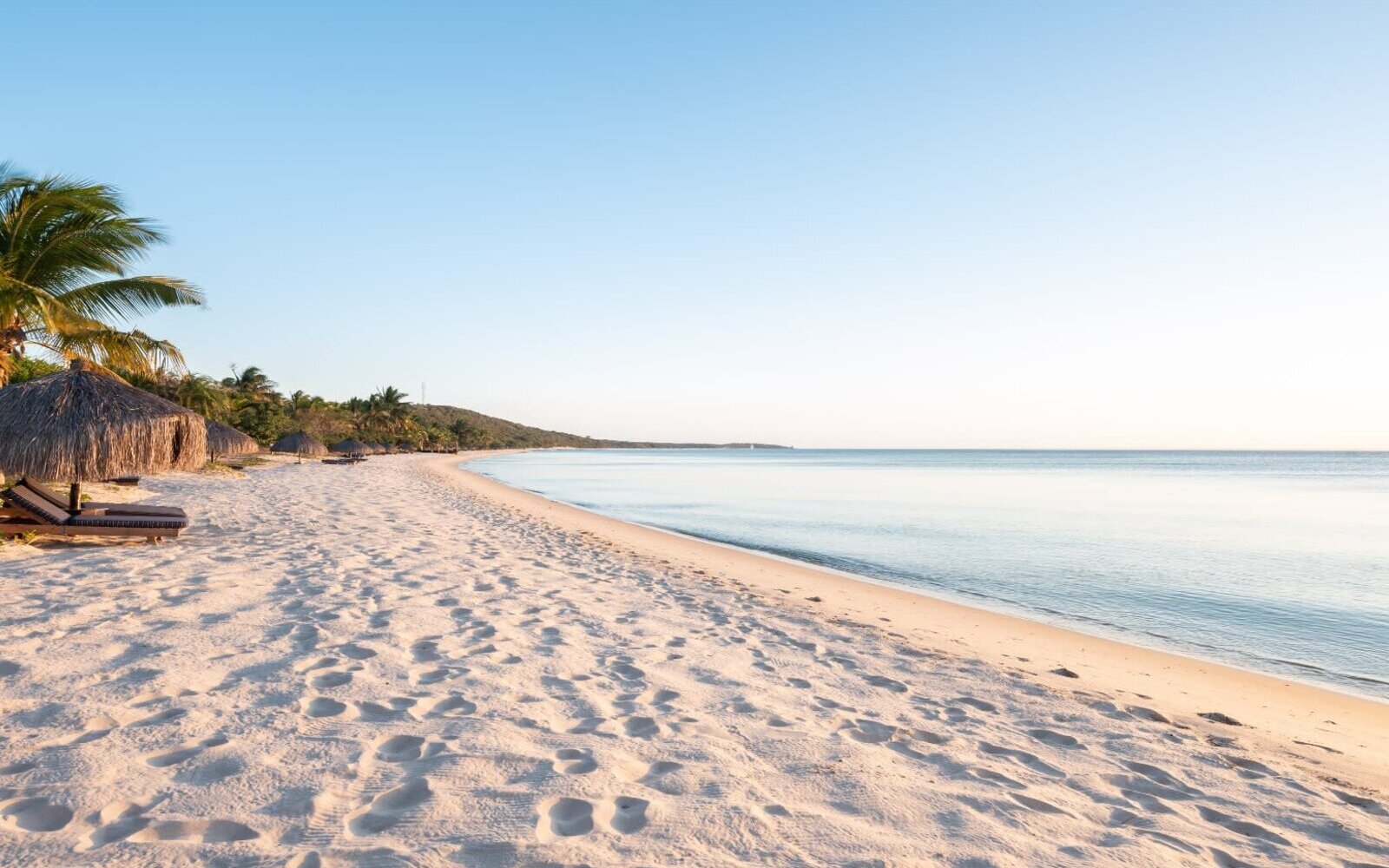 A pristine empty white-sand beach with palms and calm turquoise water on a Mozambique island