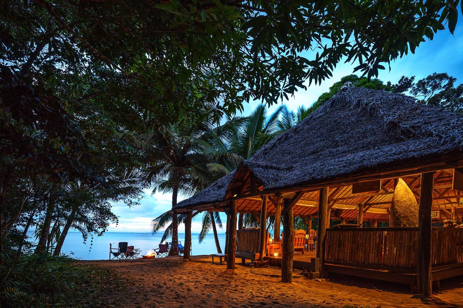 The Beach House dining and lounge area at Masoala Forest Lodge overlooking the Indian Ocean, Madagascar