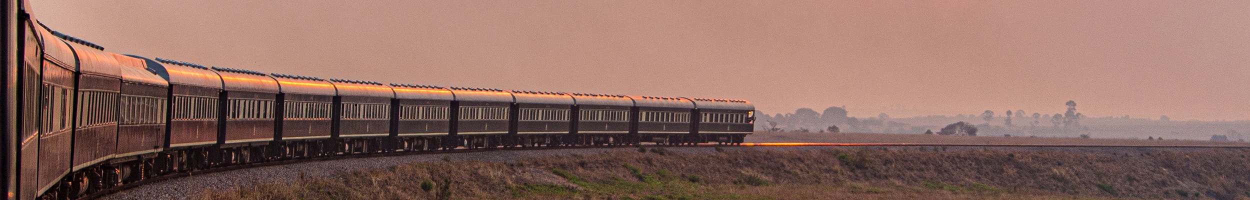 A Rovos Rail train winding through the African bush at sunset — the world's most luxurious train safari
