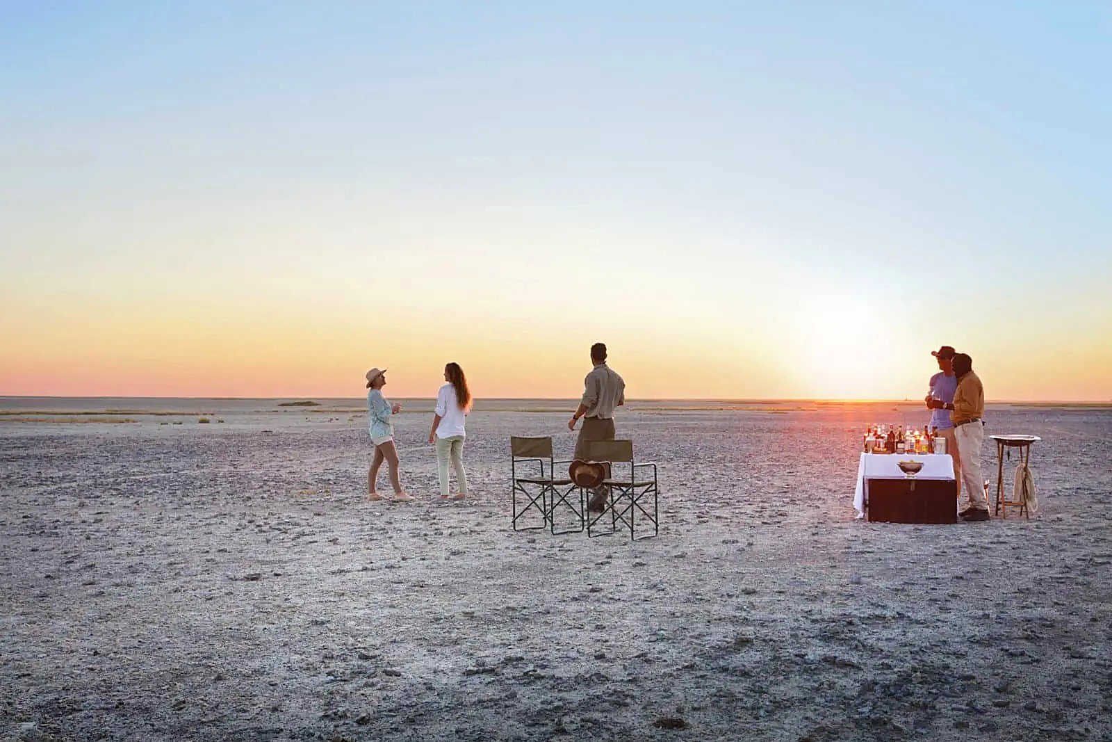 Okavango Delta camp at sunset