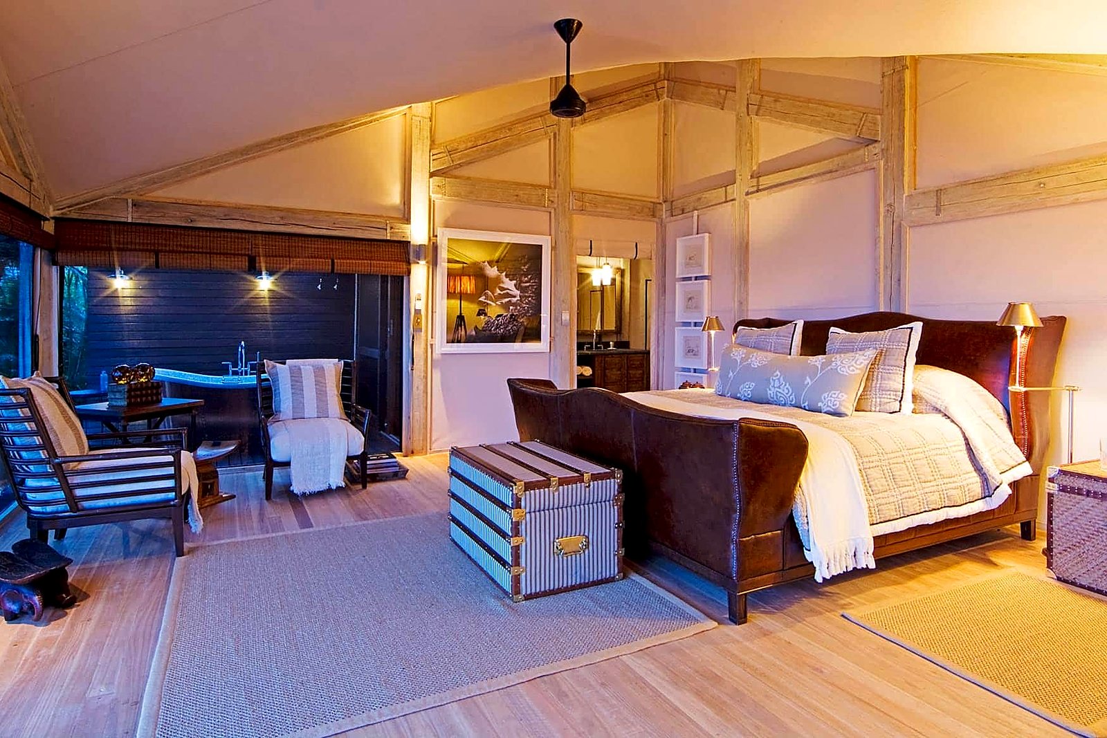 Suite interior facing the lagoon at Abu Camp