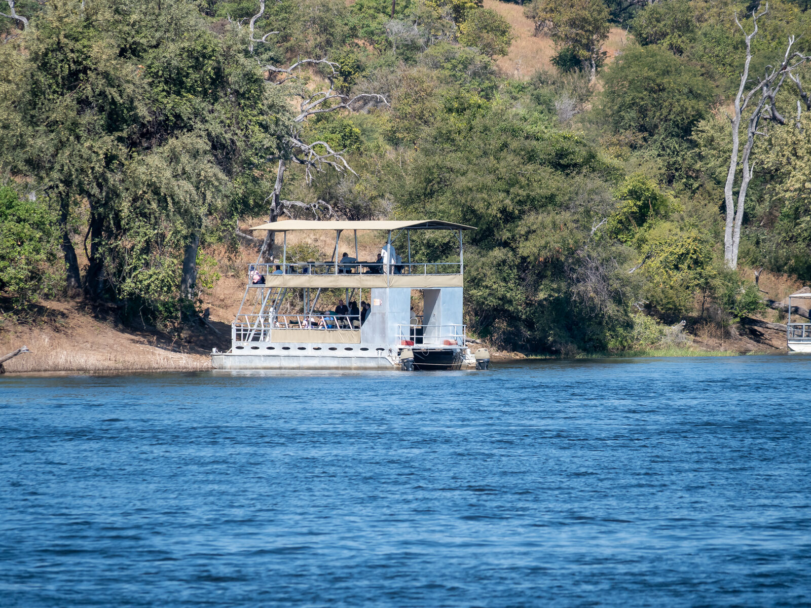 A river safari boat carrying visitors on the Chobe River near Kasane at an affordable price