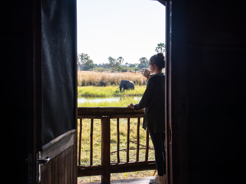 Private tented-suite veranda at Moremi Crossing with an elephant grazing beyond the deck