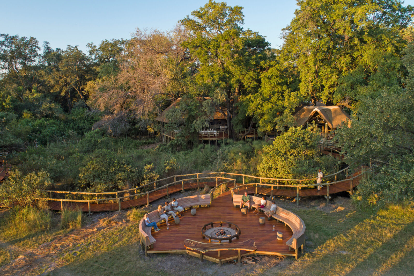 An aerial view of Camp Moremi beside the Xakanaxa Lagoon in the Okavango Delta