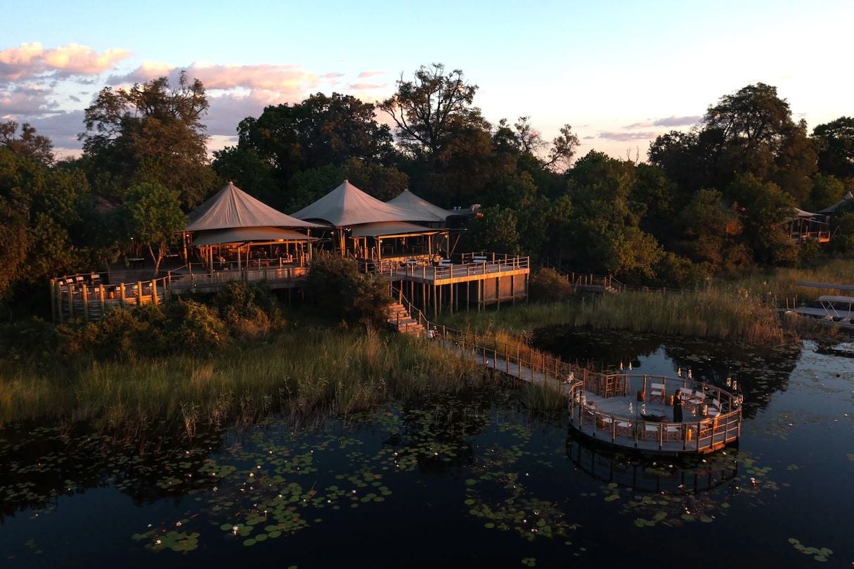 The main area and jetty at DumaTau camp on the Linyanti waterway
