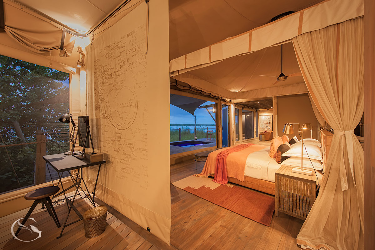 A guest suite and lagoon view at DumaTau in the private Linyanti Concession