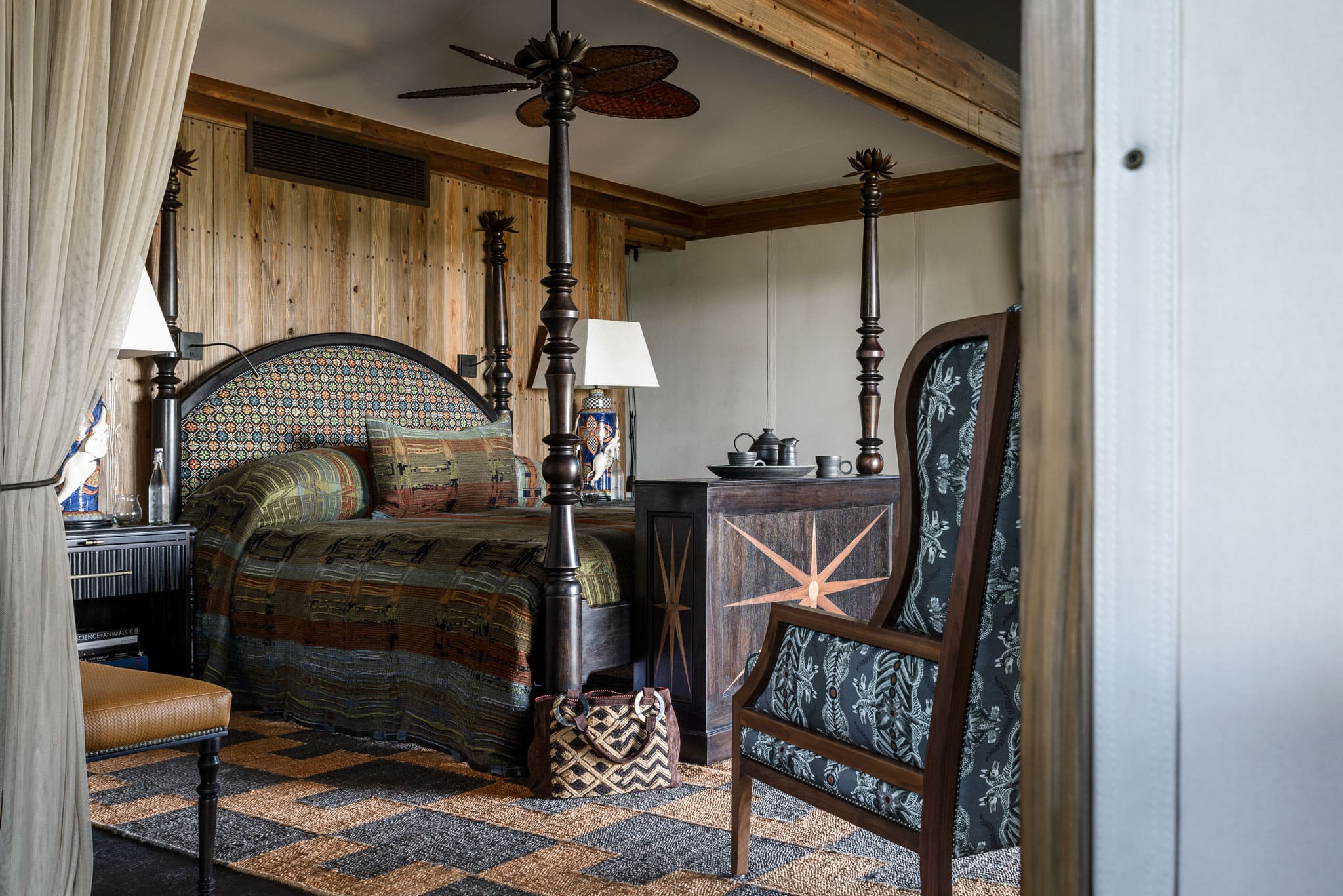 A vast art-filled guest suite at Xigera Safari Lodge on Paradise Island