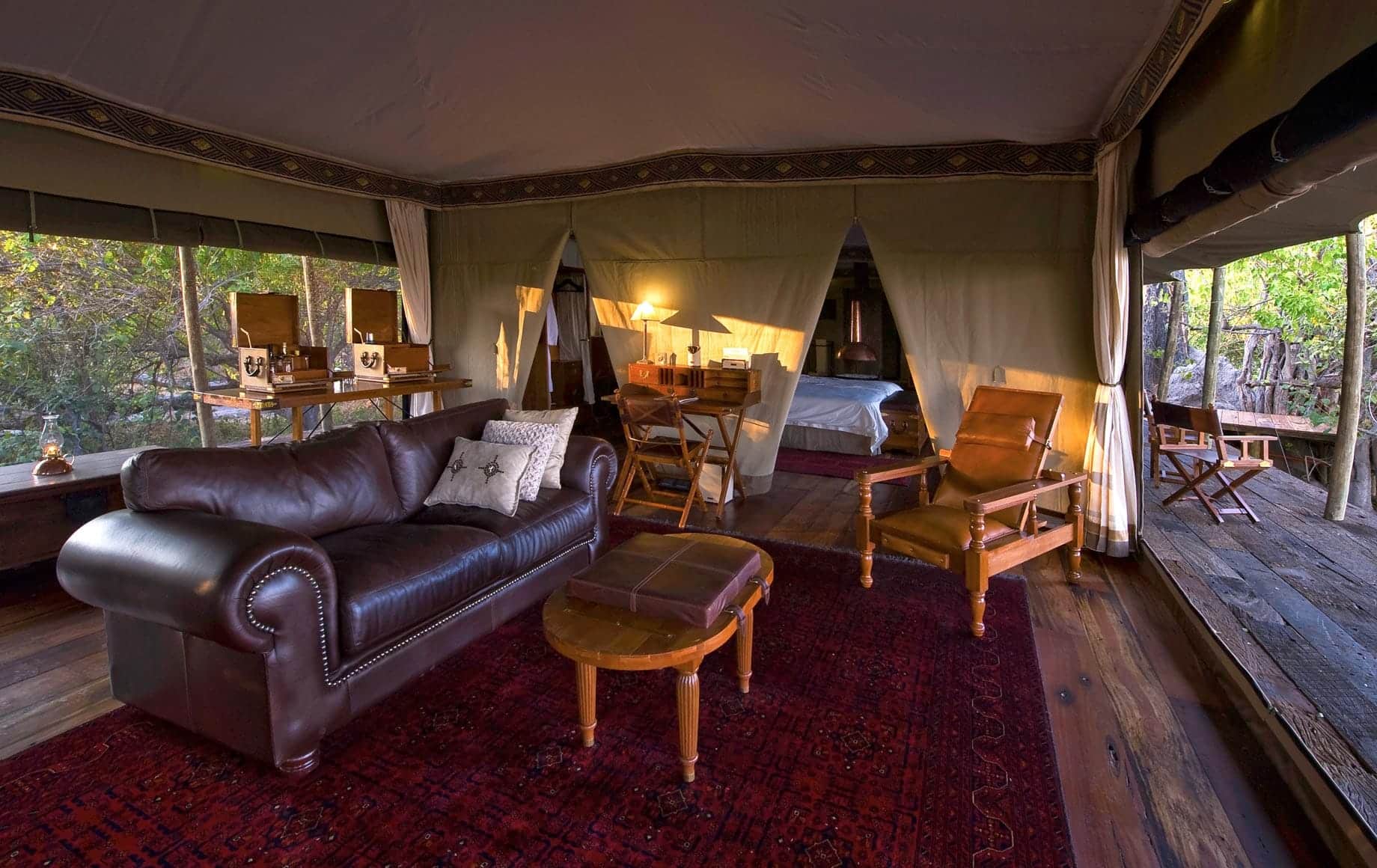 The opulent leather-and-copper interior of a Zarafa Camp suite