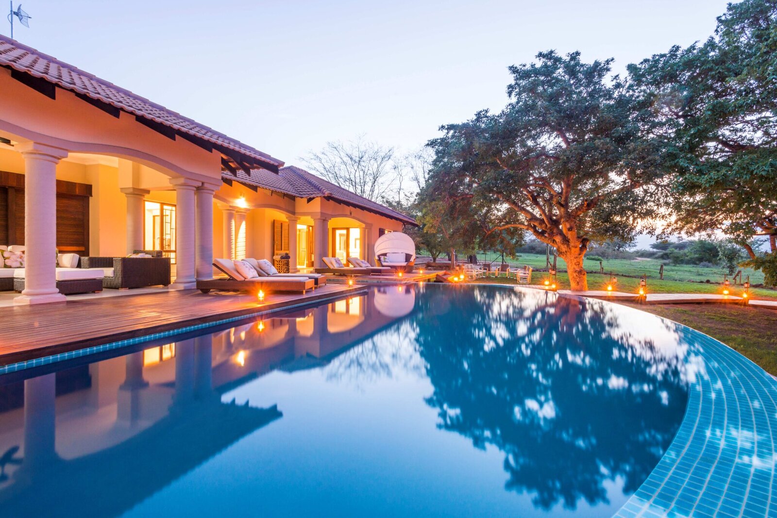 The rim-flow pool and lit suites of AM Lodge along a boardwalk under a large marula tree at dusk in the Klaserie, Hoedspruit