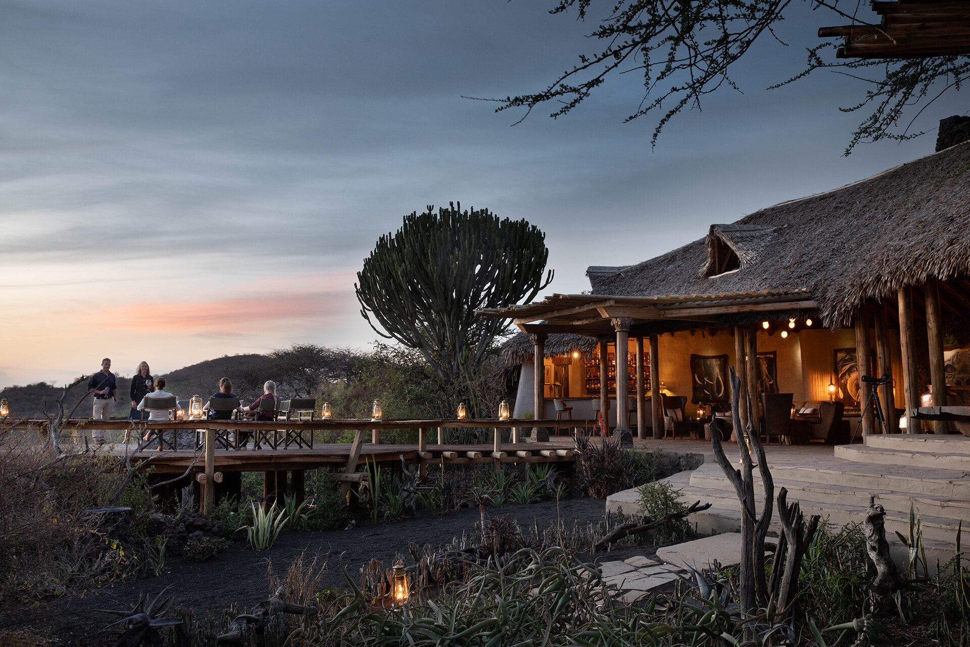 Luxury safari lodge deck overlooking the Amboseli plain and mountain
