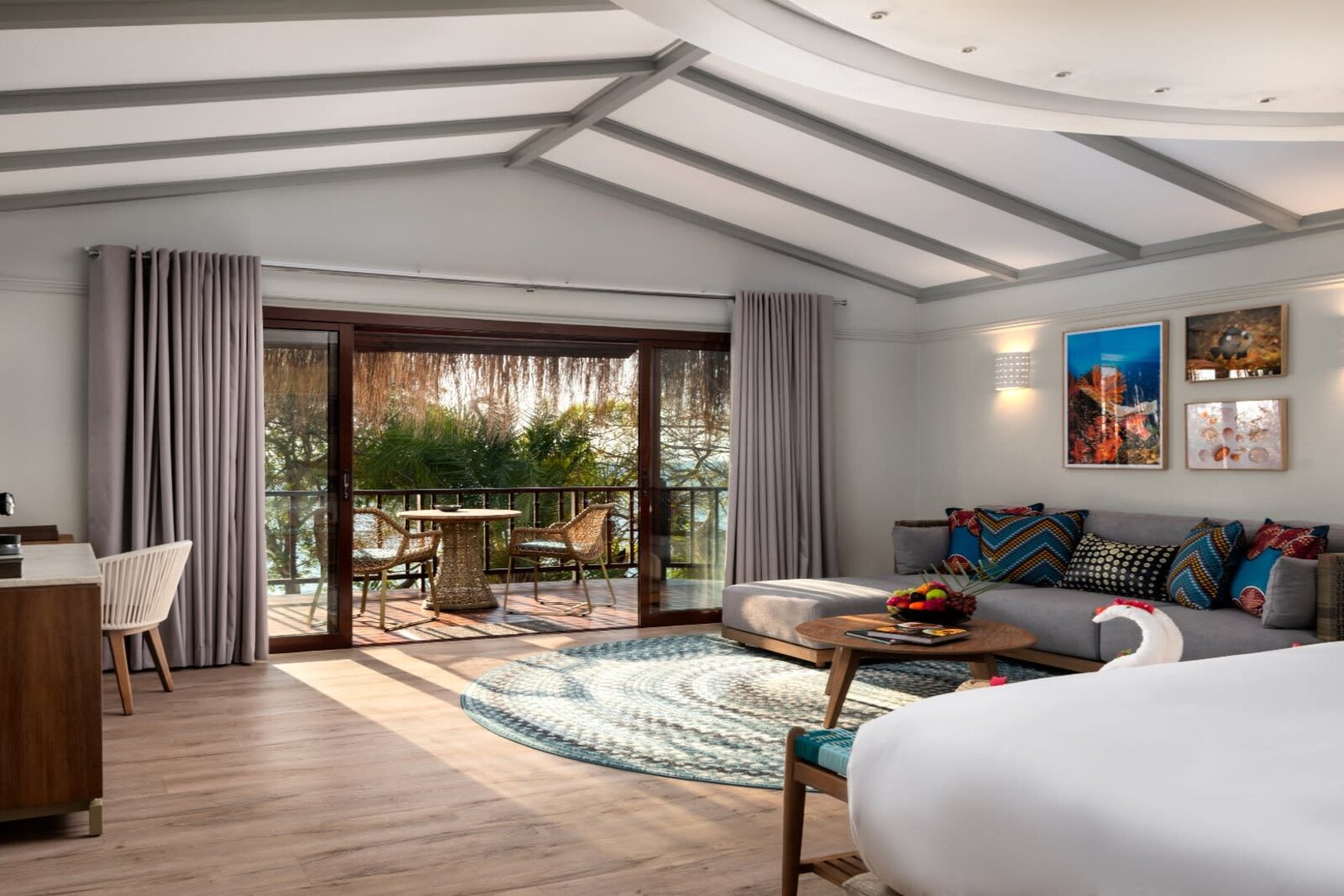 A villa living area at Anantara Bazaruto with elegant interiors and ocean views, Mozambique
