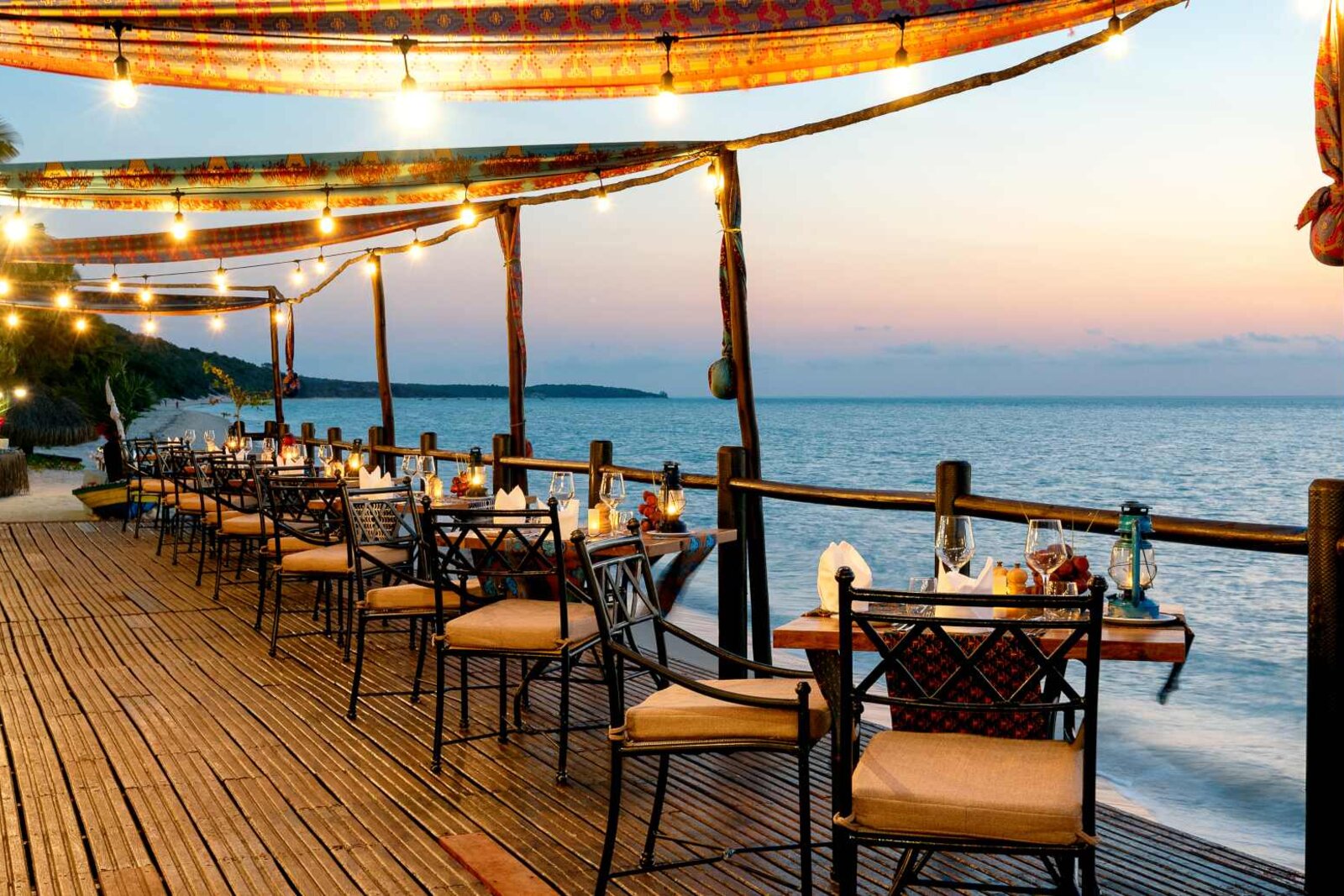 The beach deck and restaurant at Anantara Bazaruto overlooking the Indian Ocean, Mozambique