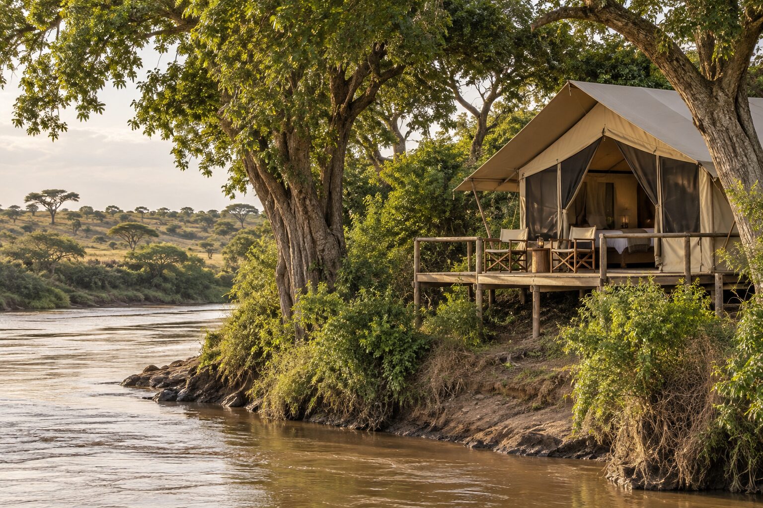Basecamp Masai Mara river-view canvas tent on a raised wooden deck beside the Talek River