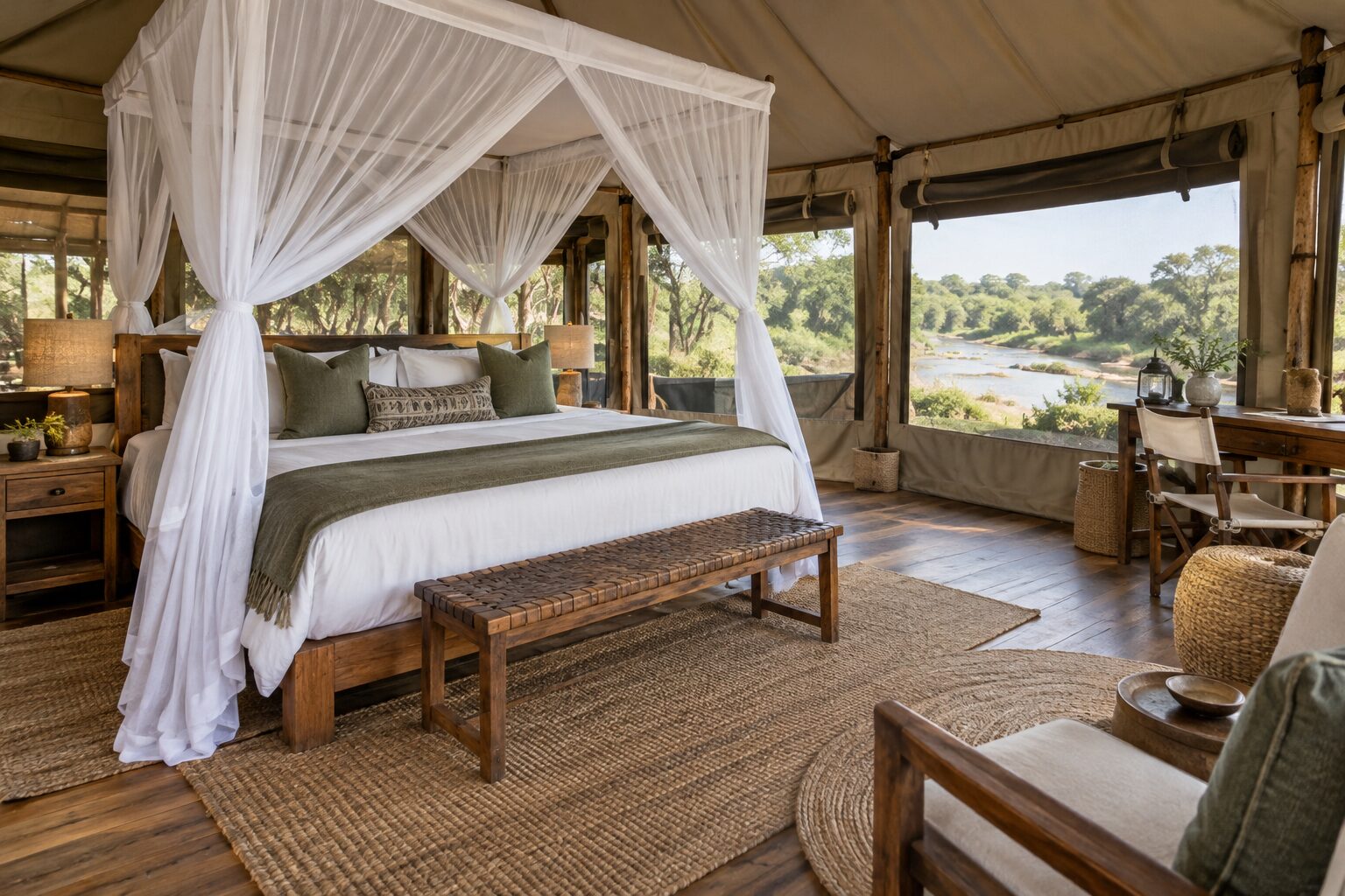 Basecamp Masai Mara tent interior with king bed, canvas walls and simple natural materials