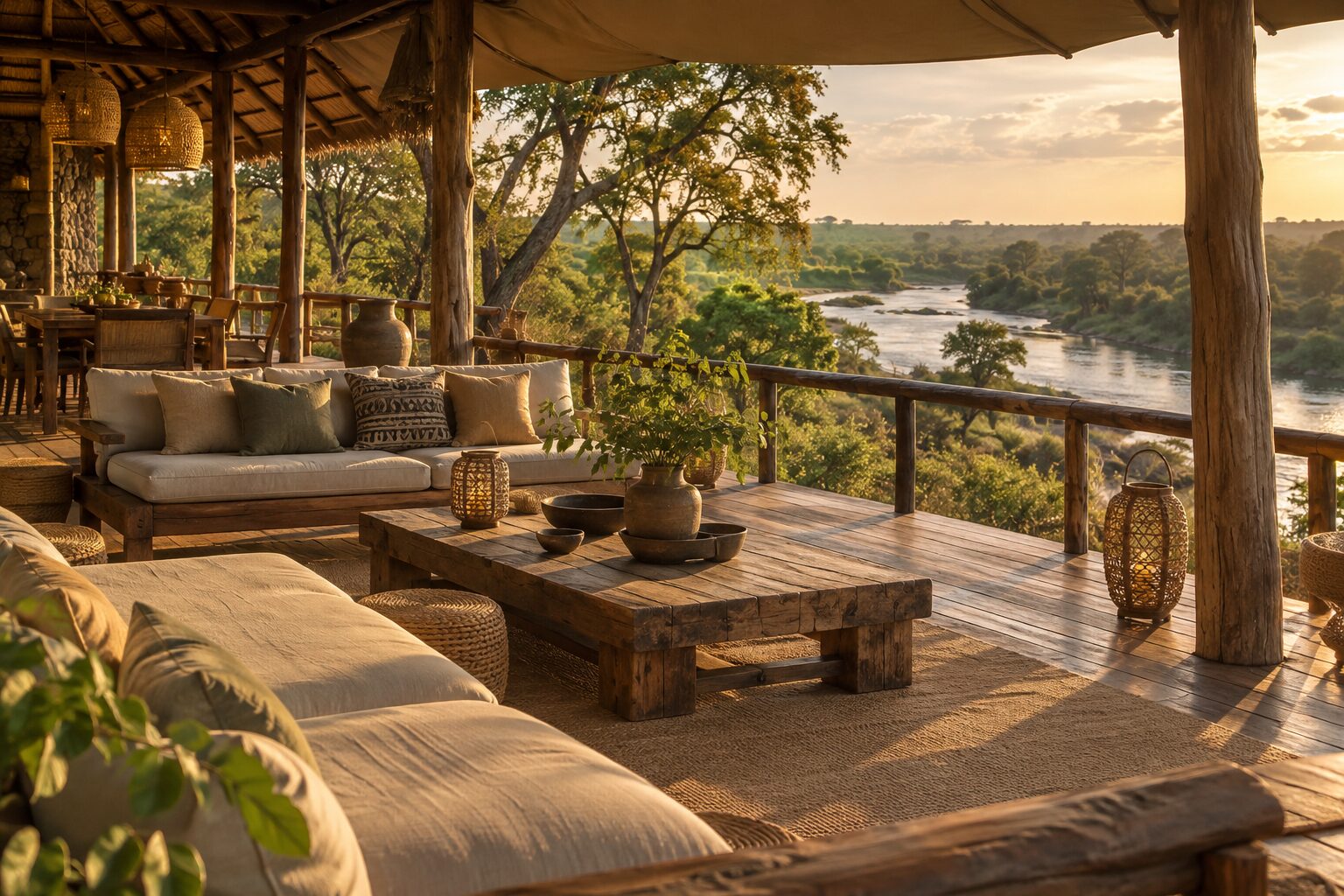 Double-storied river-view lounge and dining deck at Basecamp Masai Mara