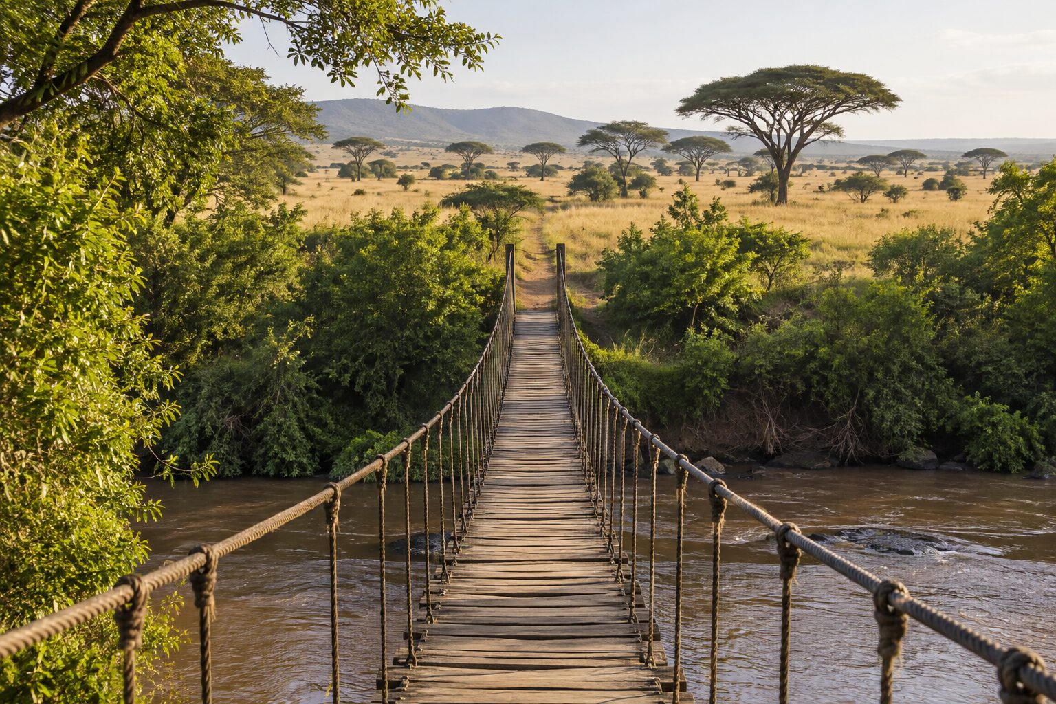 Private footbridge crossing the Talek River from Basecamp Masai Mara into the Maasai Mara reserve