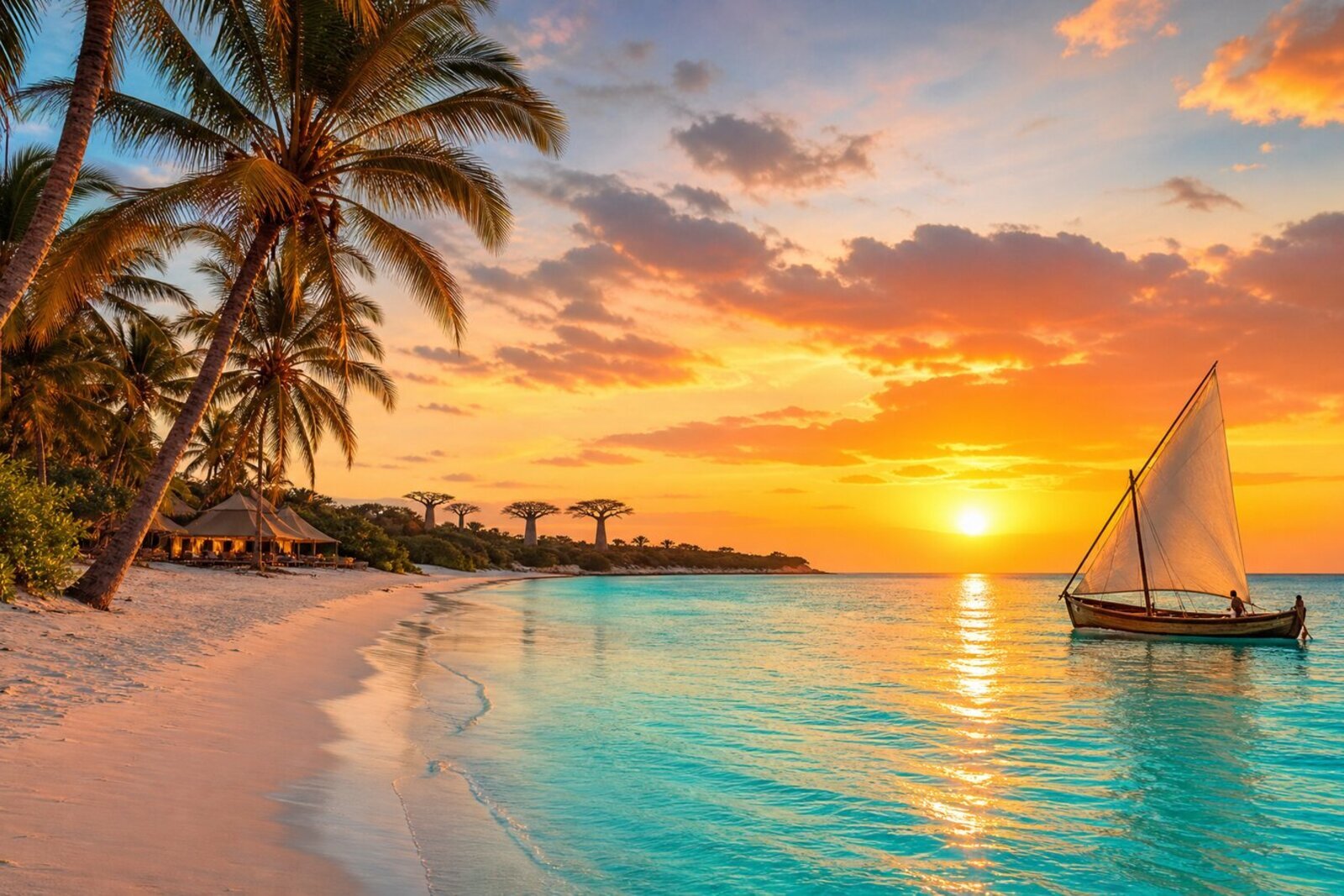 A warm turquoise Indian Ocean beach with soft white sand at golden hour