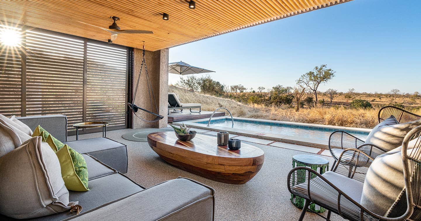 The organic architecture and plunge pool at Sabi Sabi Earth Lodge
