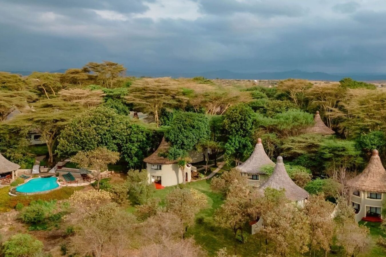 Lake Manyara Serena Safari Lodge aerial view on the Rift Valley escarpment