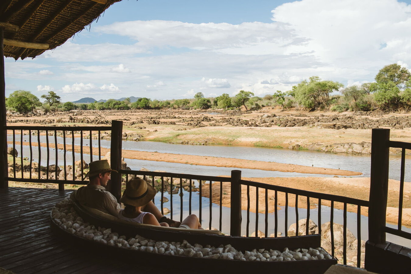 Ruaha River Lodge riverside deck with views over the Great Ruaha River