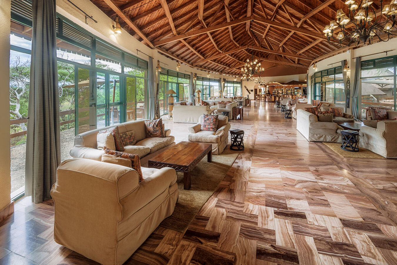 Tarangire Sopa Lodge lobby and bar area with park views