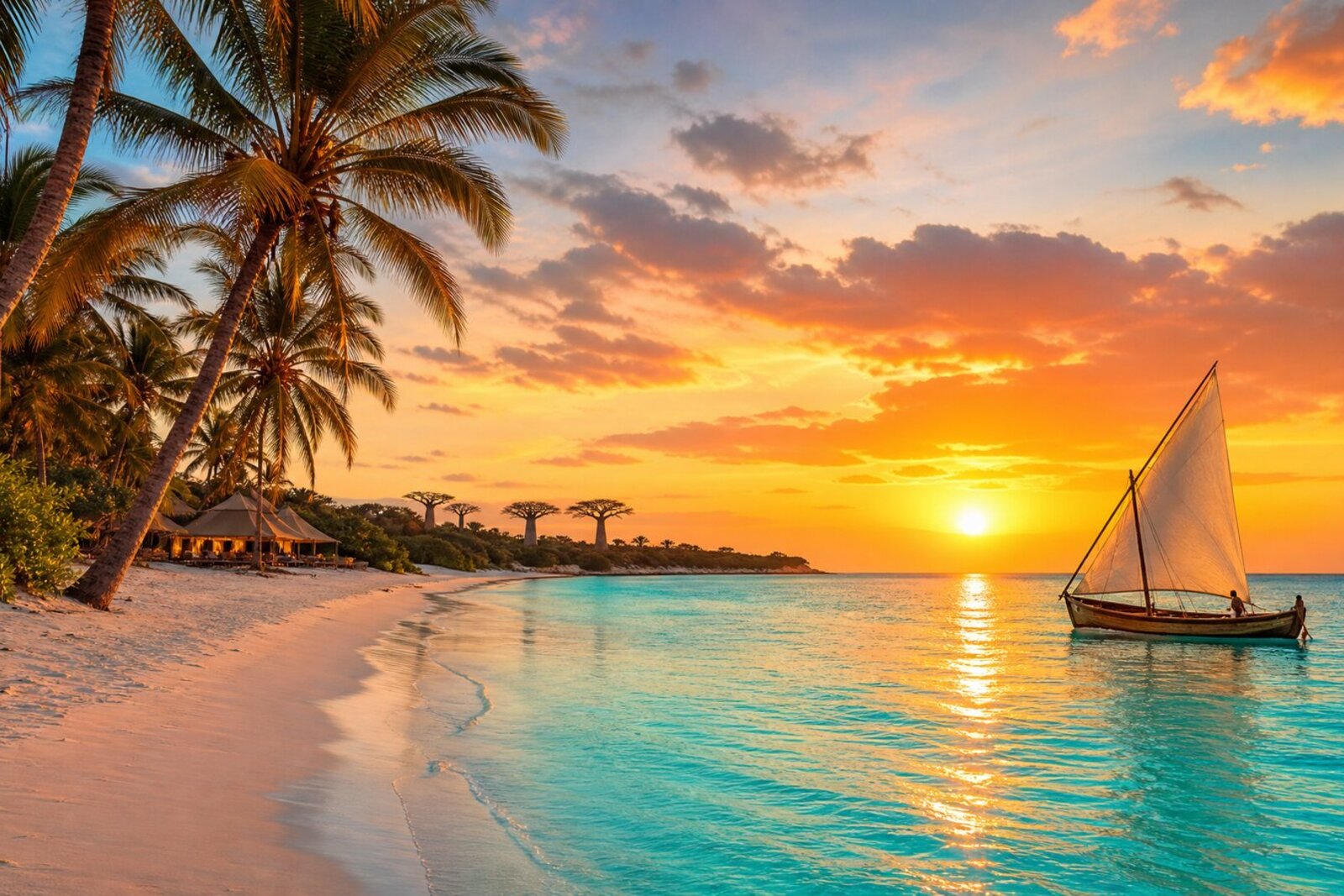 A tropical Indian Ocean beach with a dhow at sunset on a bush and beach couples safari