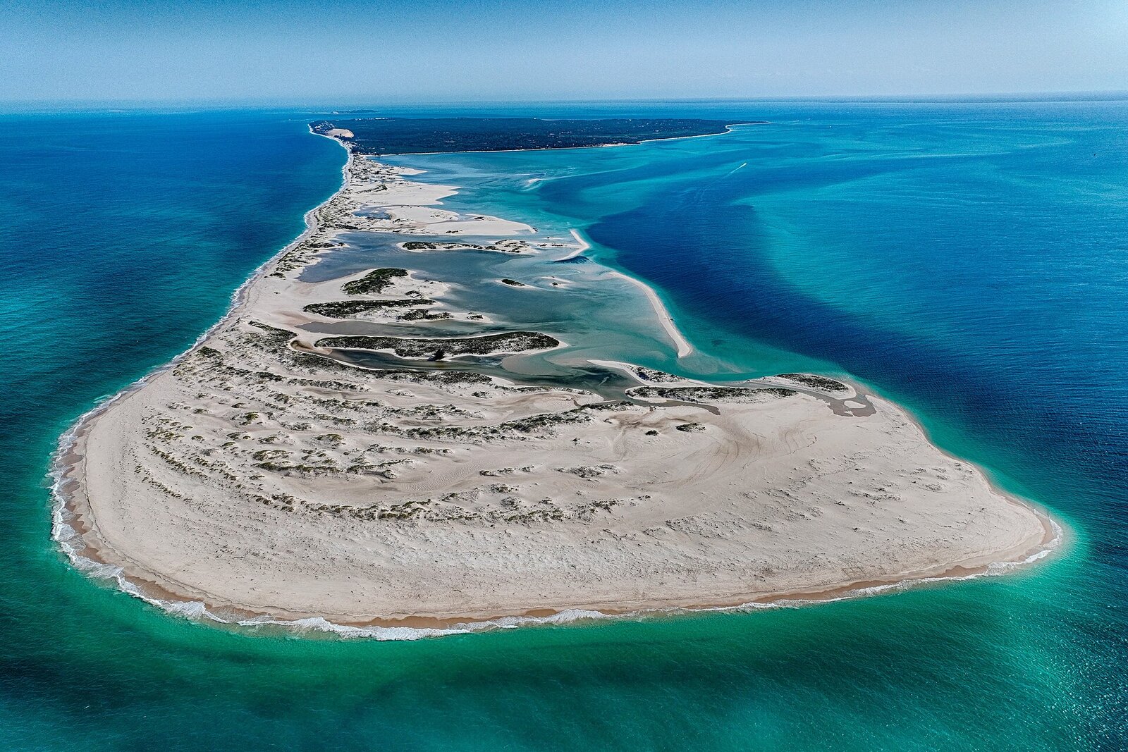 Aerial view of an island and turquoise sandbanks in the Bazaruto Archipelago, Mozambique