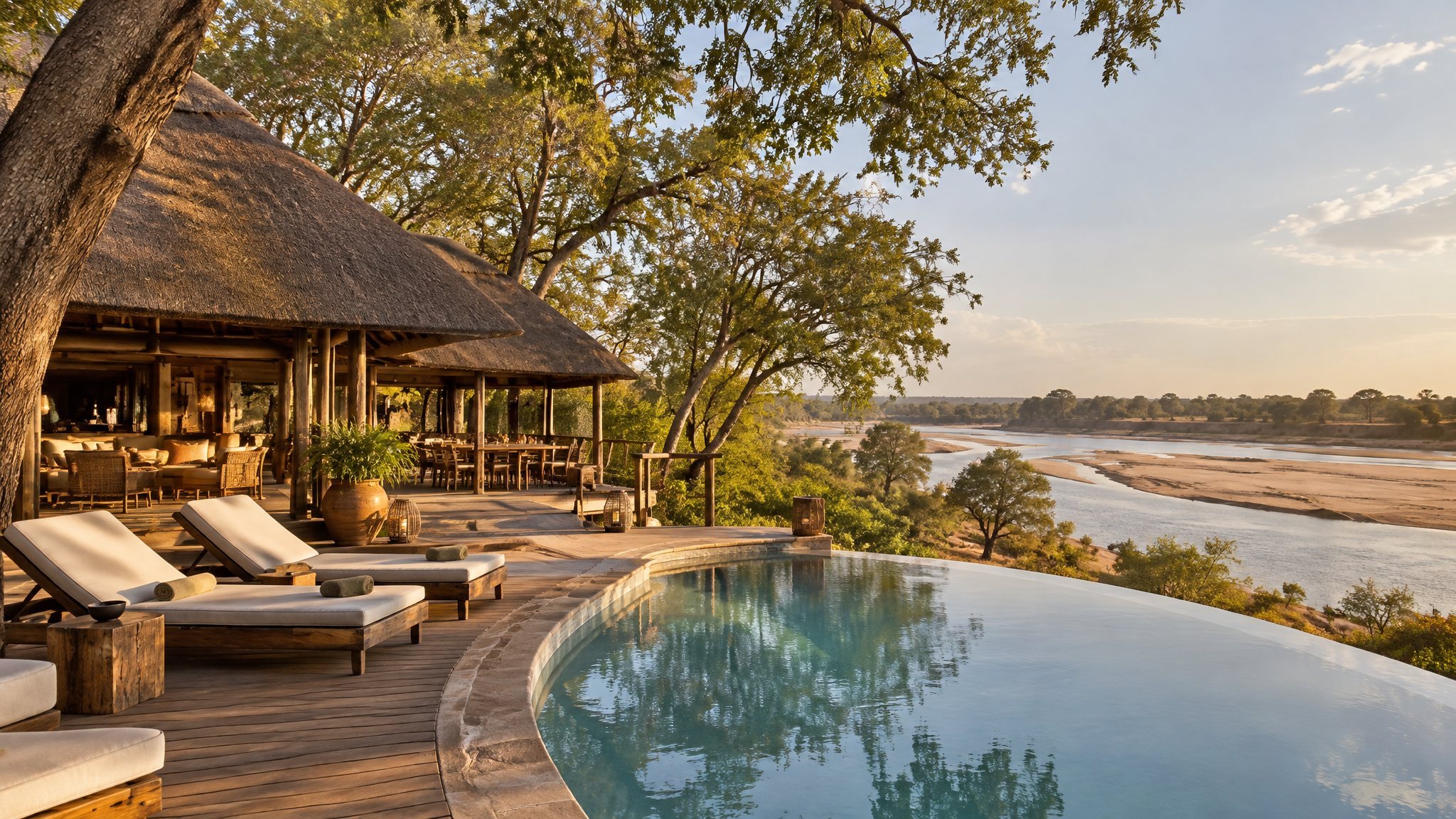 A family lodge pool overlooking the Luangwa River in South Luangwa, Zambia