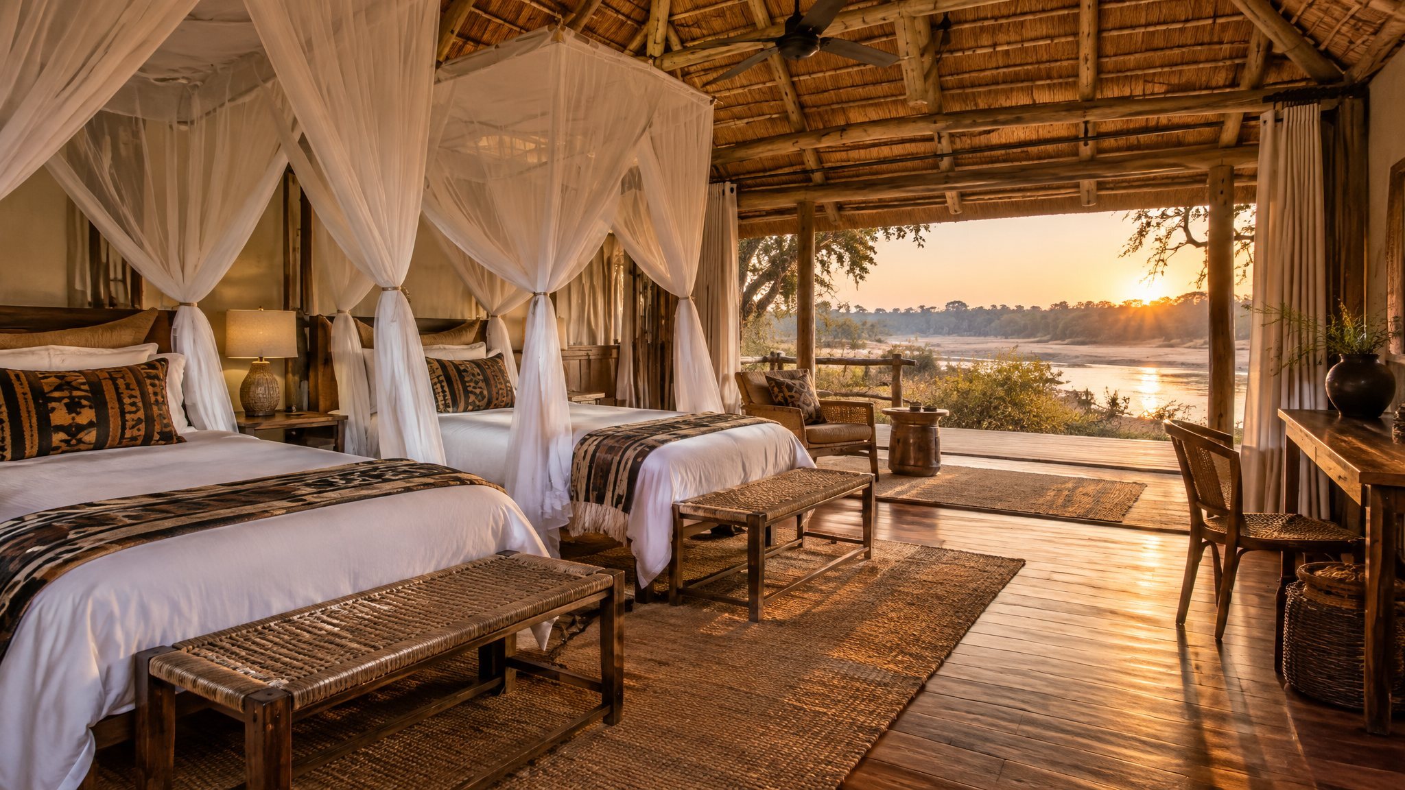 A family suite interior at a South Luangwa safari camp with twin beds for children