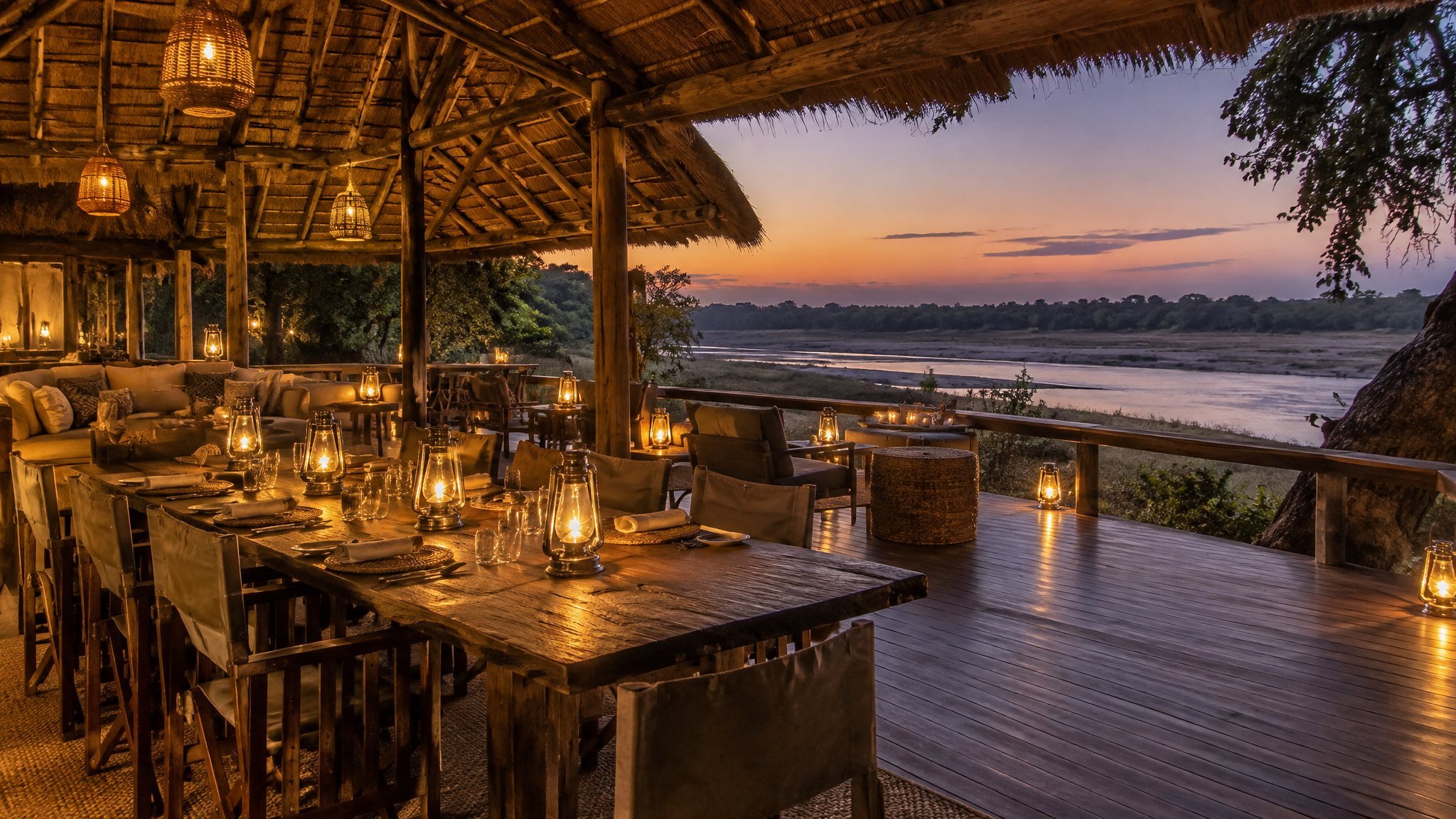 A camp deck at dusk over the Luangwa River, set for a family dinner