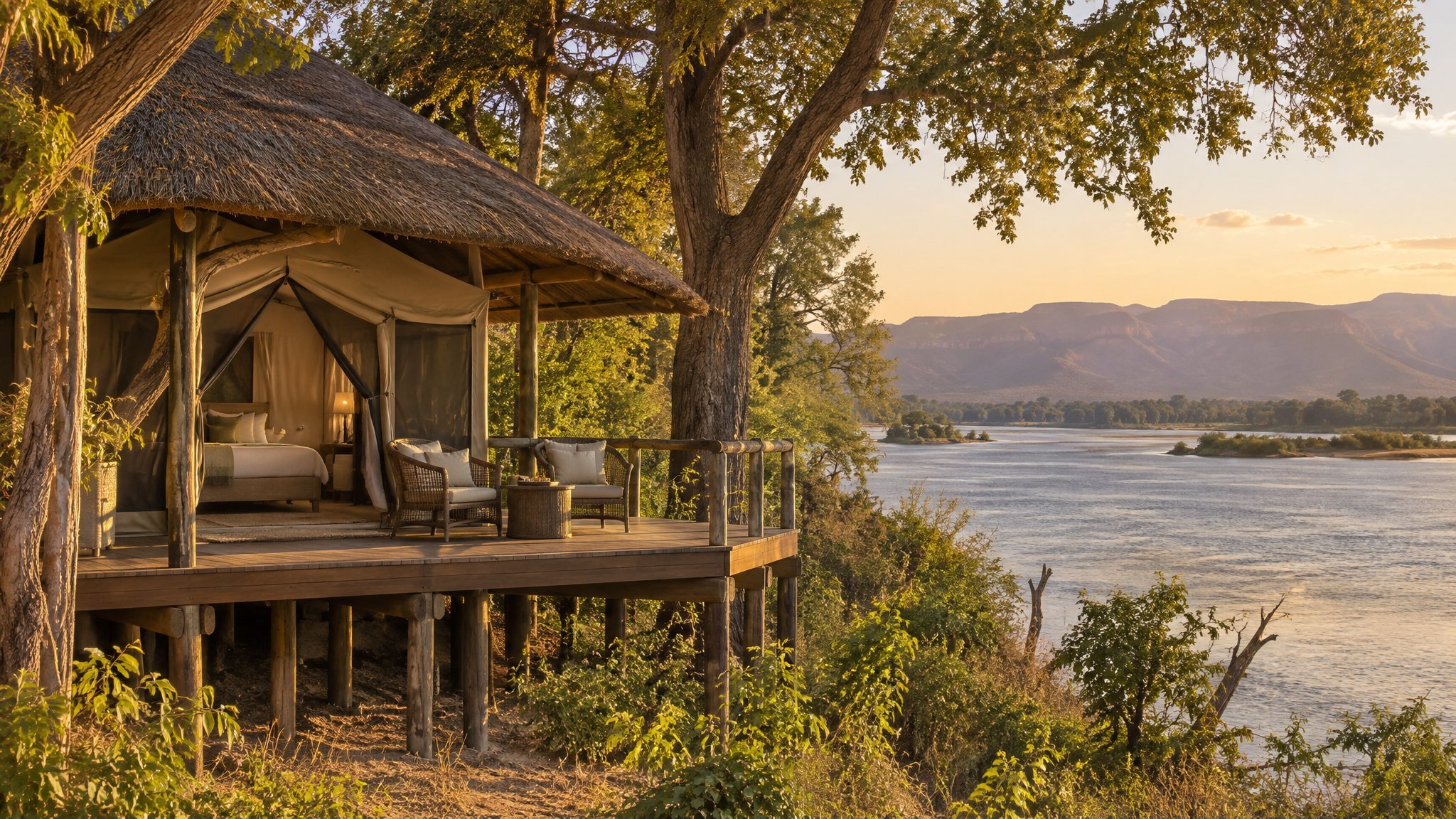 A safari tent exterior on the banks of the Lower Zambezi River, Zambia