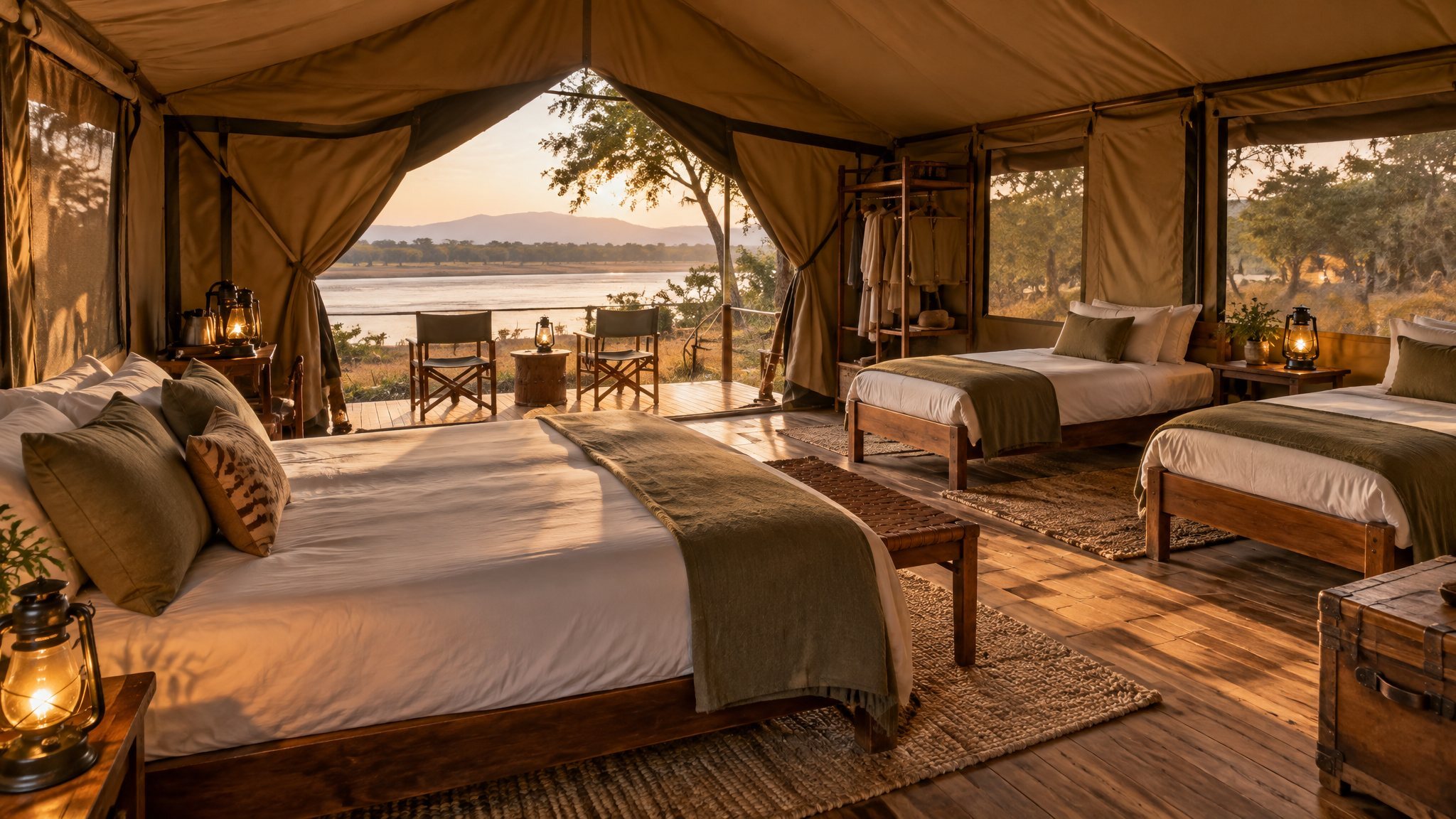The interior of a family safari tent in the Lower Zambezi with twin beds for children