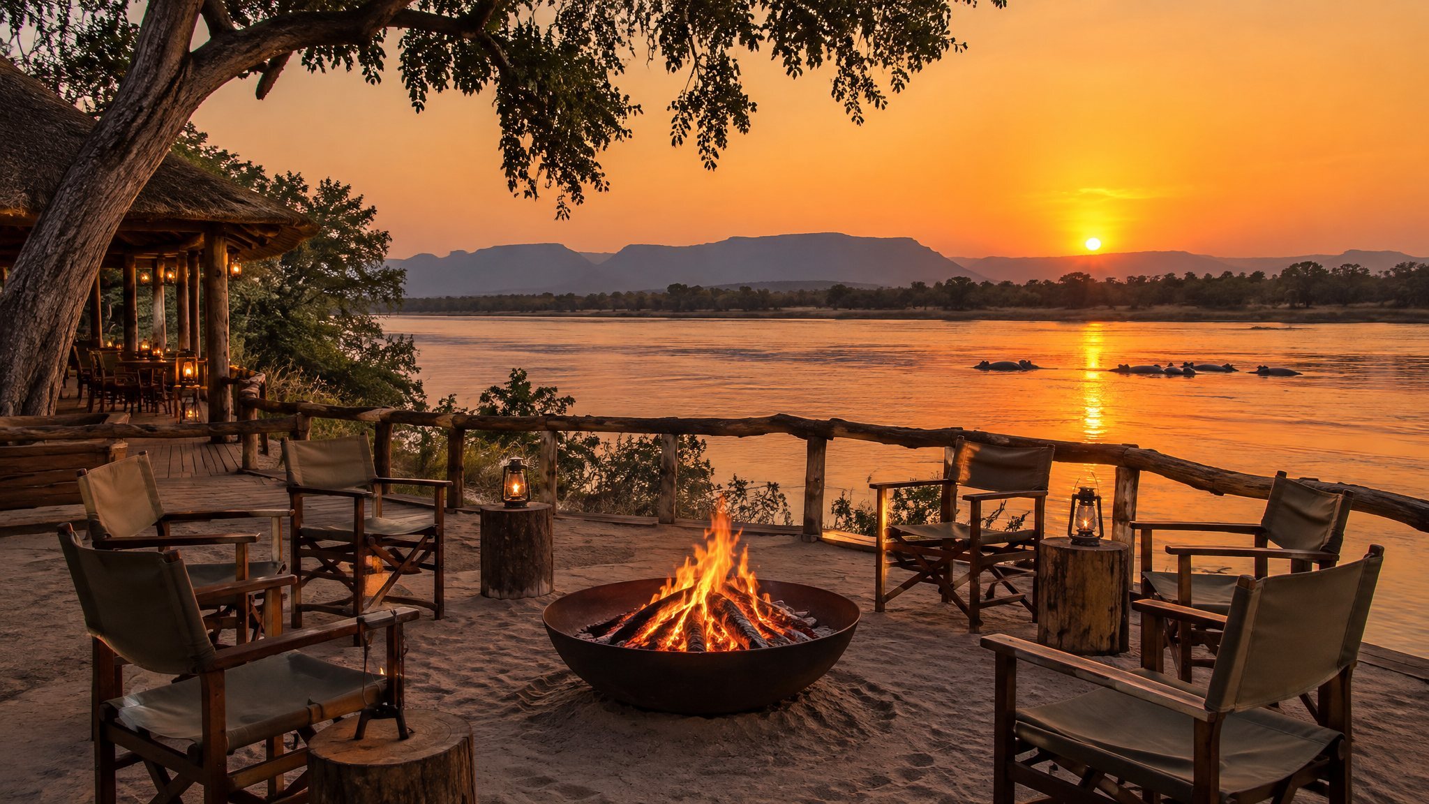 A riverside firepit at a Lower Zambezi camp set for a family evening