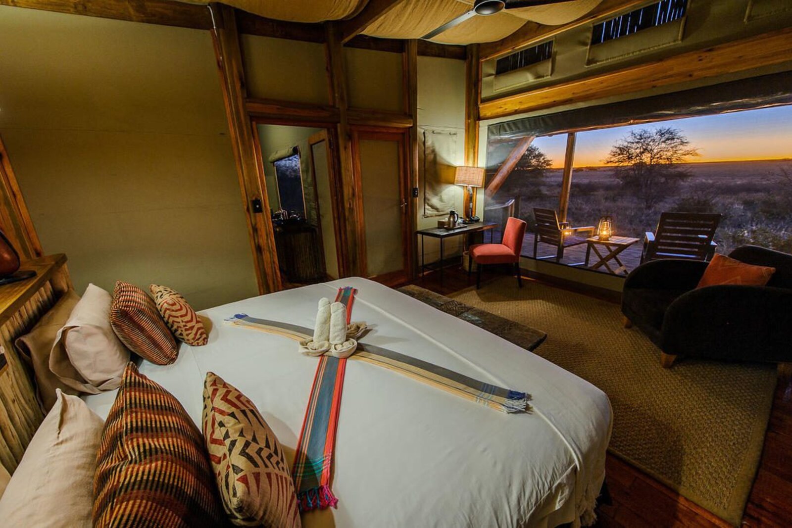 Raised solar tented room at Kalahari Plains Camp in Deception Valley