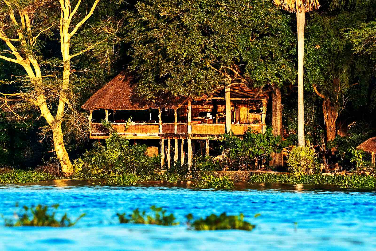 A stilted safari lodge above the Shire River in Liwonde National Park, Malawi