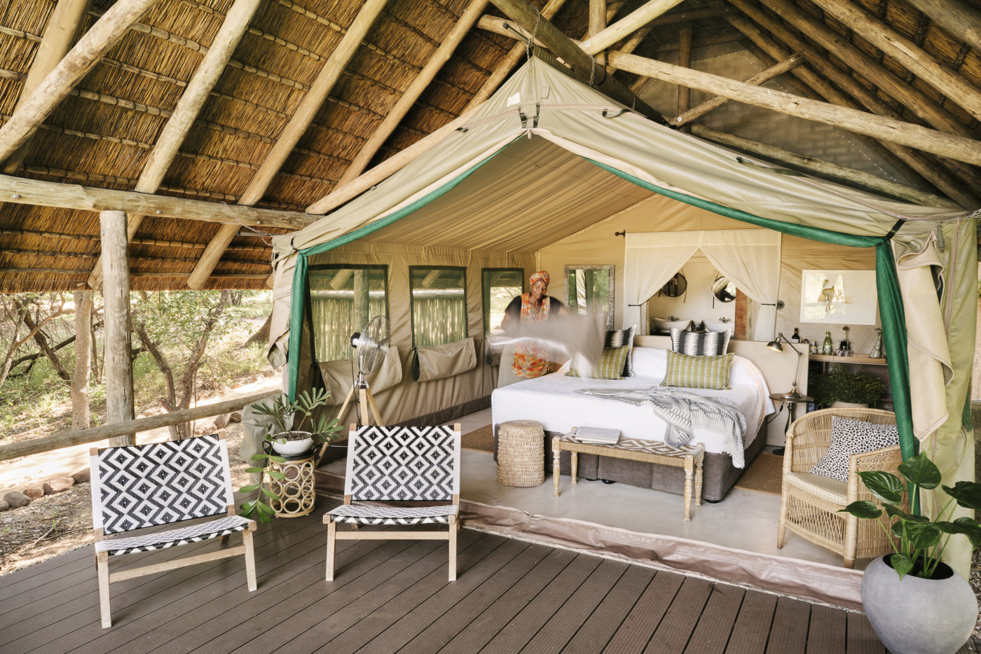 A solar-powered luxury tented suite with private deck at Tanda Tula in the Timbavati