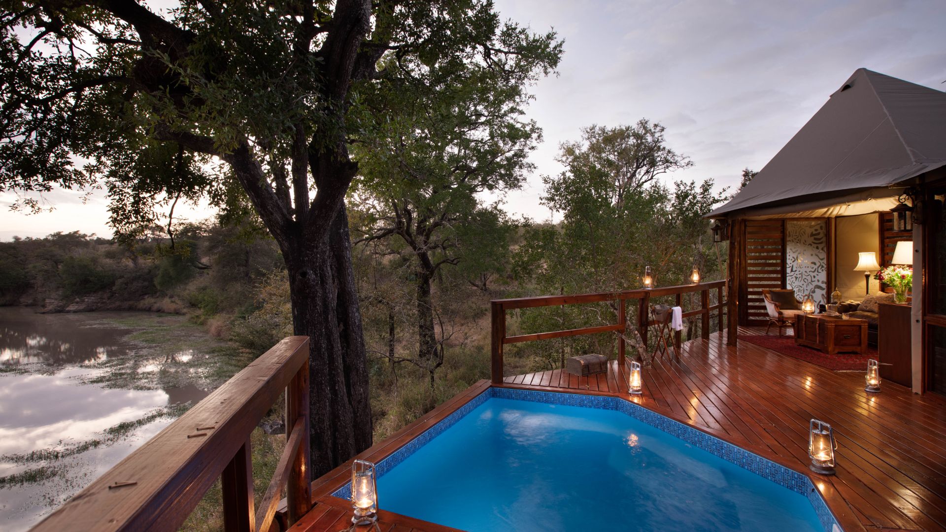 An Out of Africa luxury tented suite with plunge pool at Savanna in the Sabi Sands