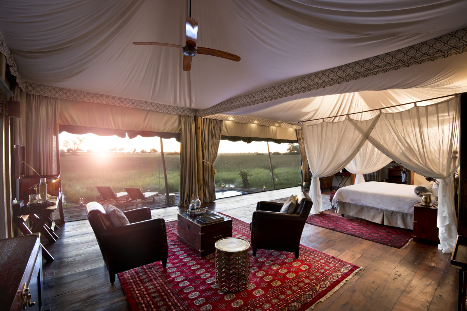 A luxury tented suite interior in the Okavango Delta, Botswana